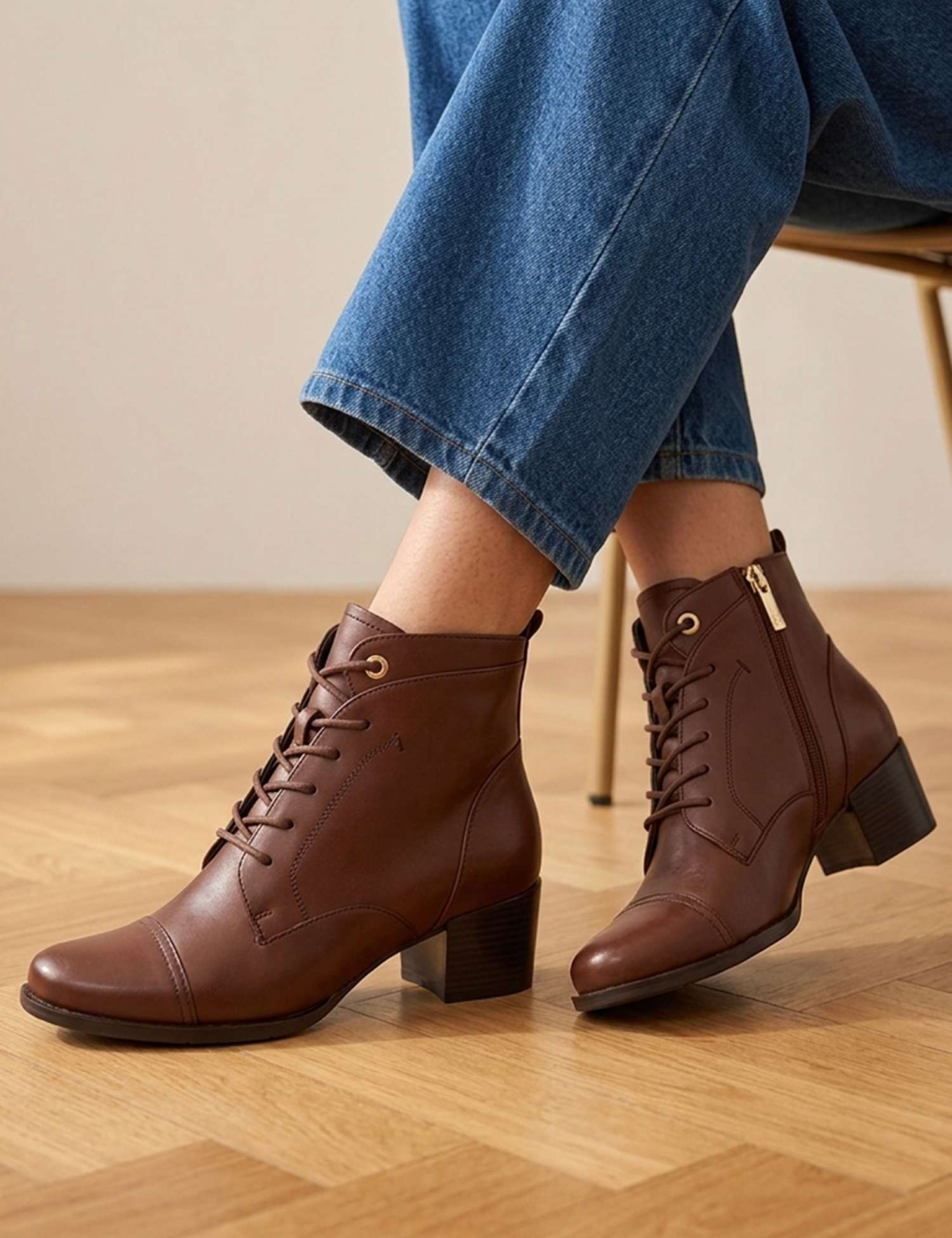 Jones Bootmaker Leather Block Heel Round Toe Ankle Boots Brown