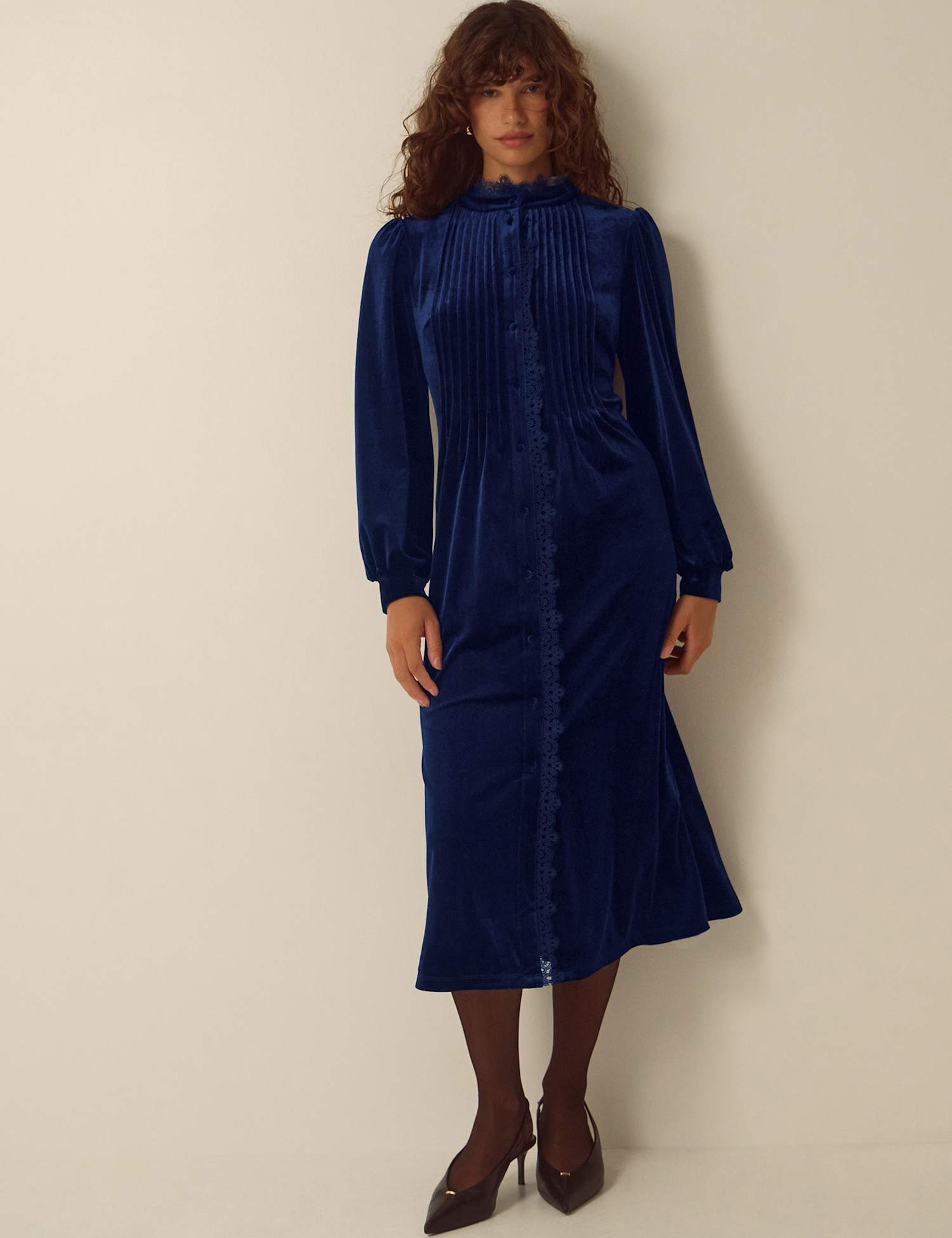 Monsoon Velvet Pintuck High Neck Midi Dress Dark Blue