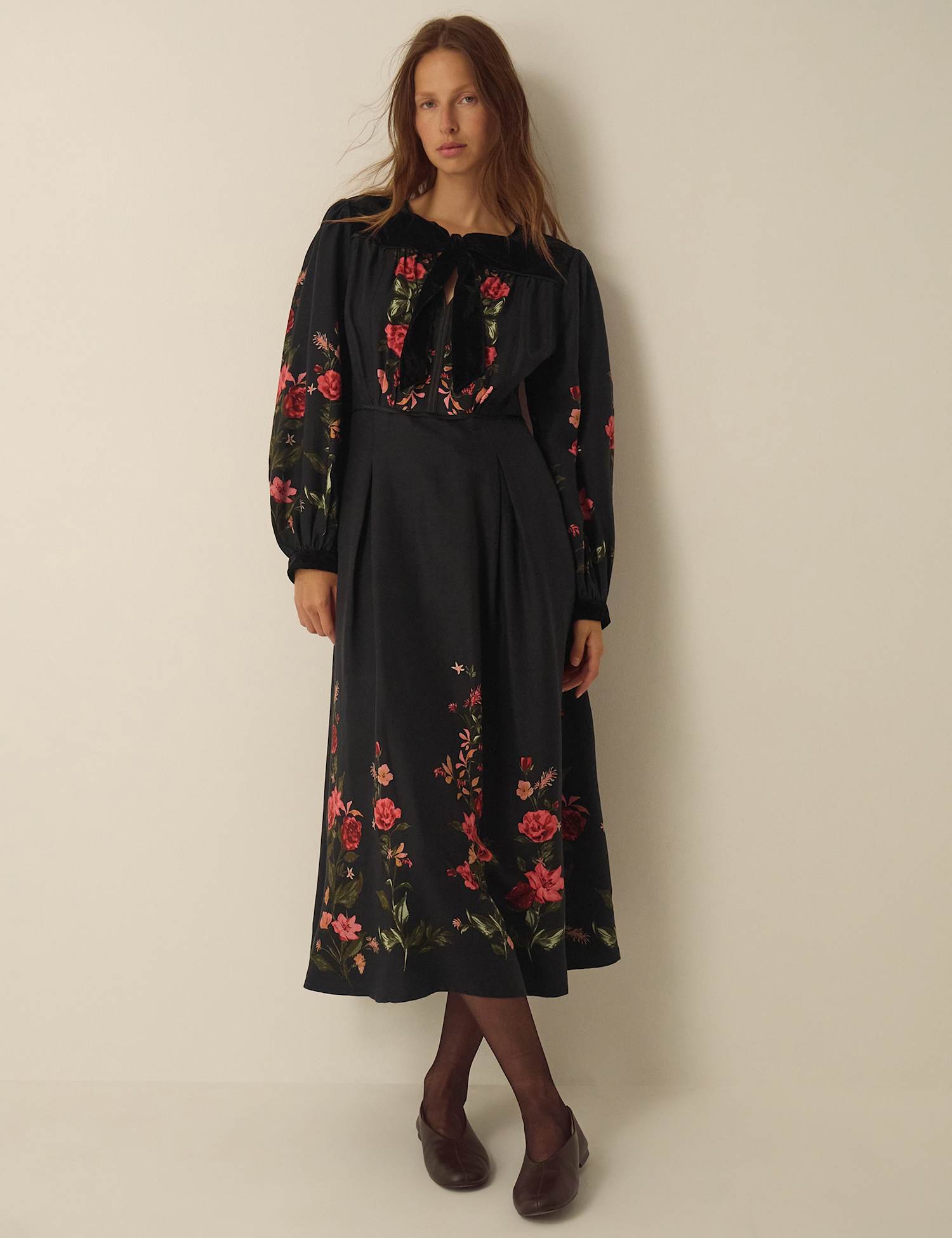 Monsoon Printed Midi Tea Dress Black Mix