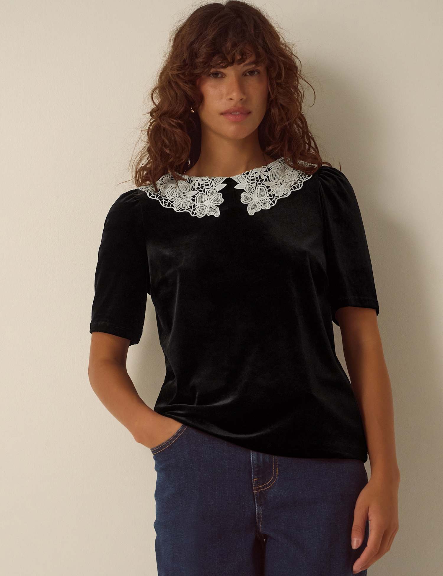 Monsoon Velvet Lace Insert T-Shirt Black
