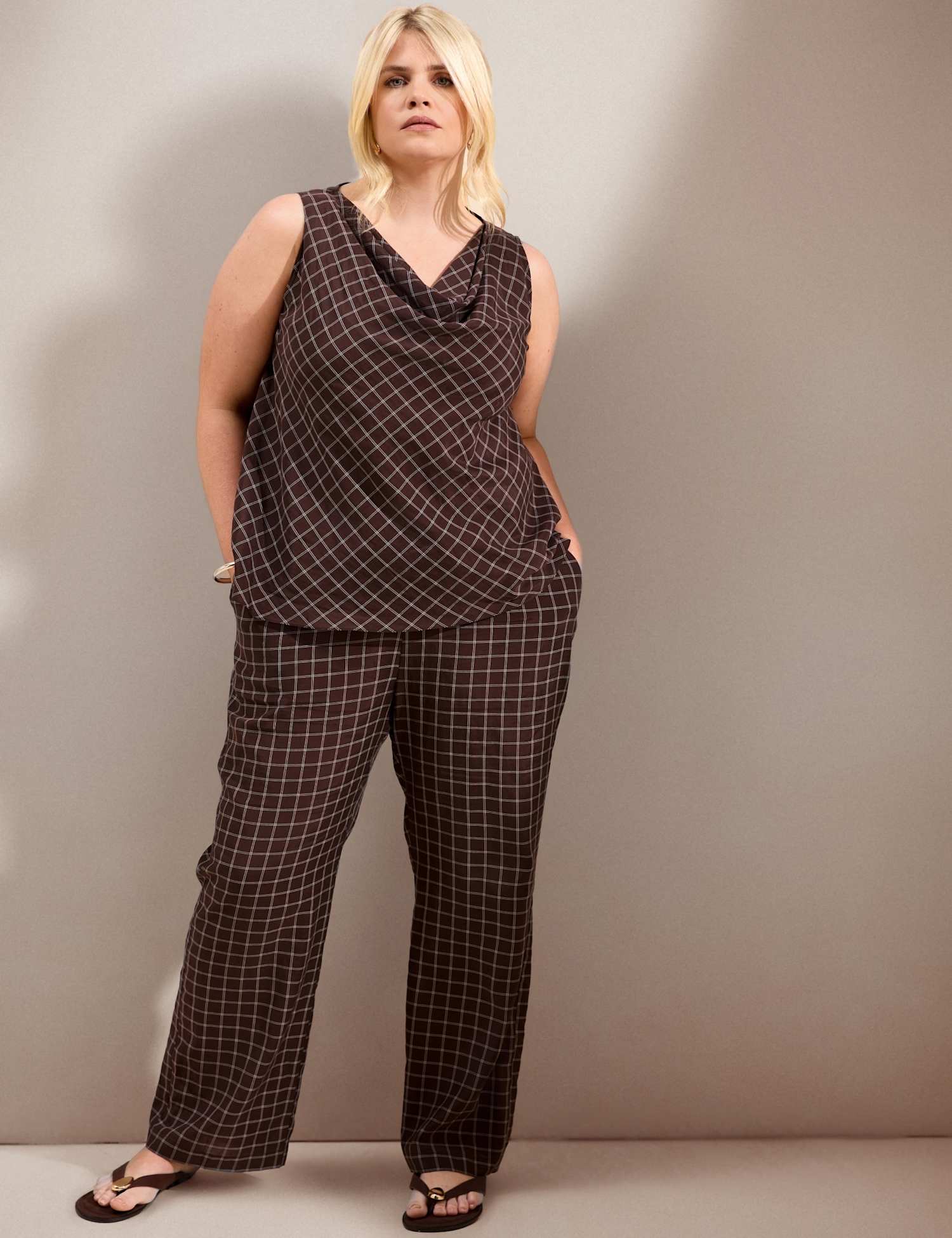 Live Unlimited London Checked Elasticated Waist Straight Leg Trousers Brown Mix