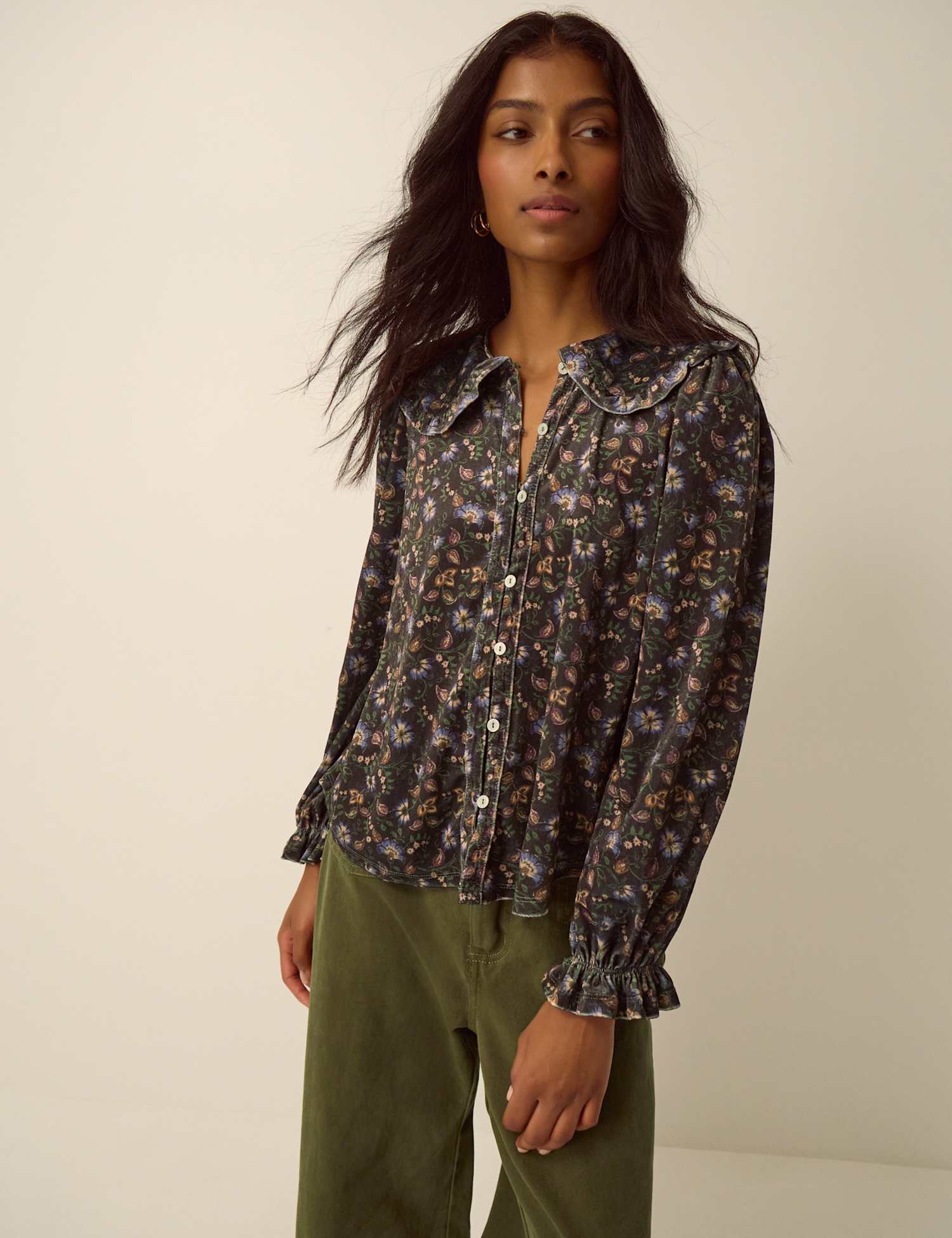 Monsoon Velvet Printed Collared Shirt Brown Mix