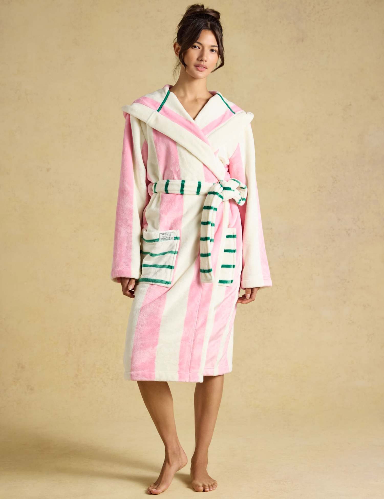 Joules Fleece Striped Hooded Dressing Gown Pink Mix
