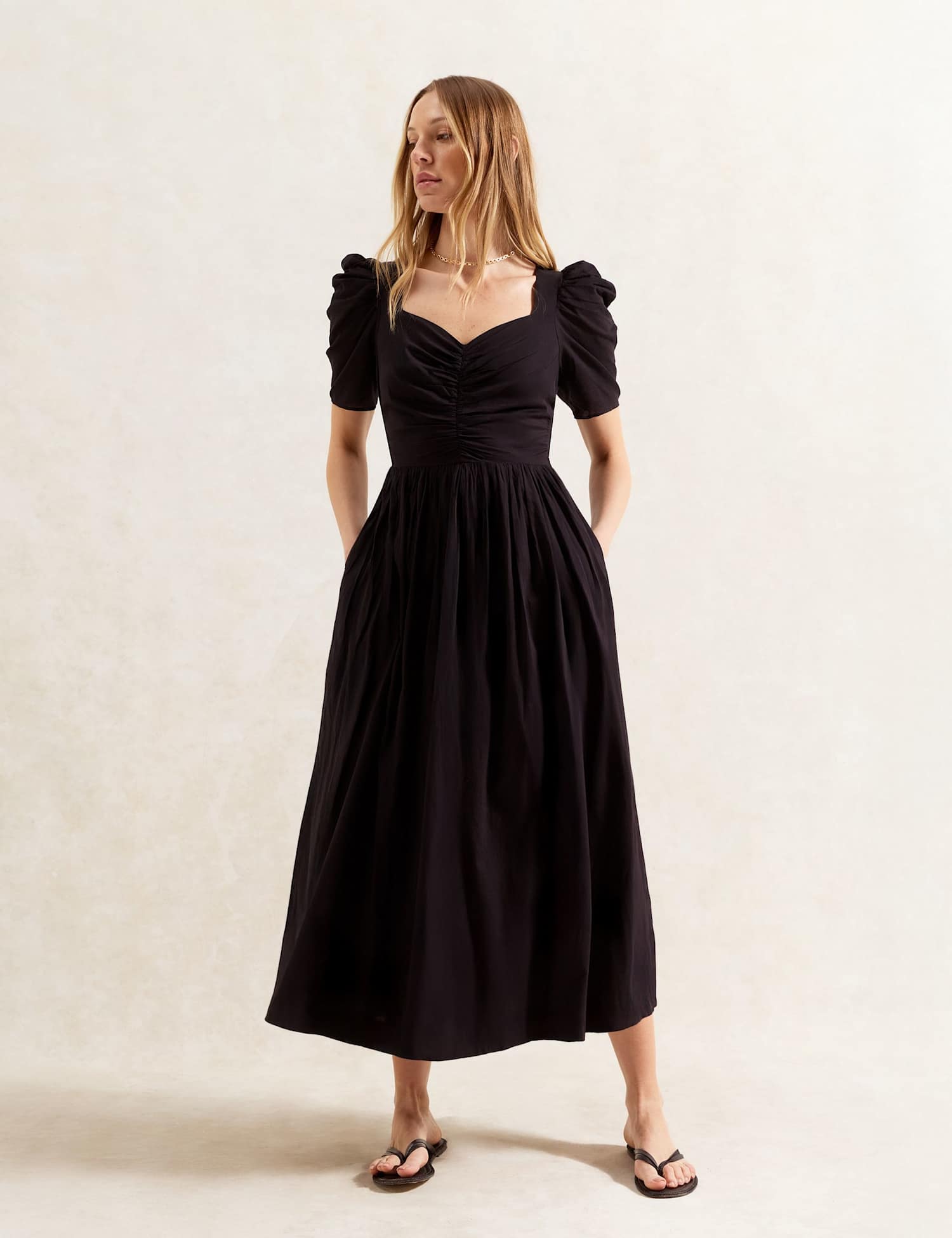 RO&ZO Pure Cotton Puff Sleeve Midi Skater Dress Black