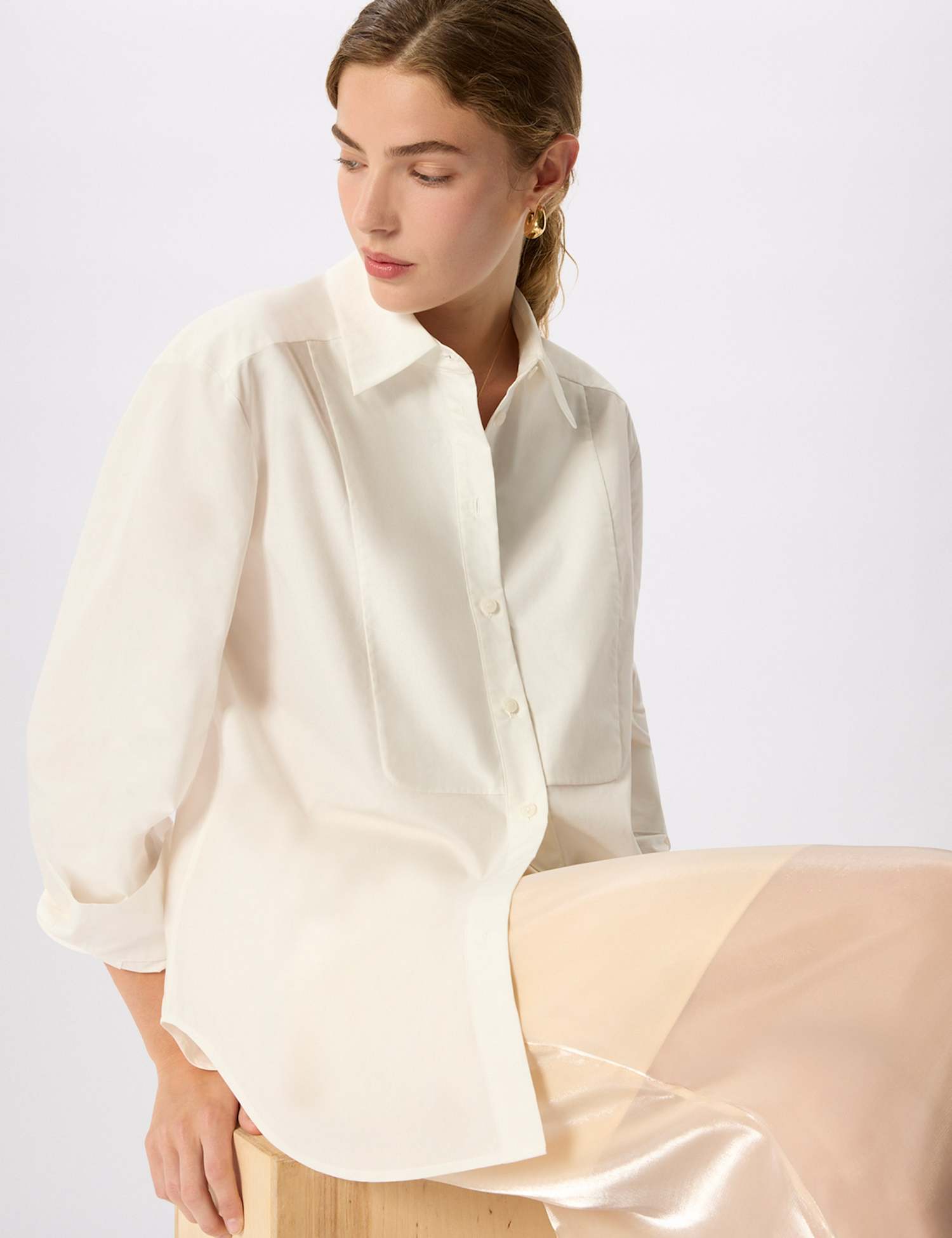 Whistles Pure Cotton Collared Bib Detail Shirt White