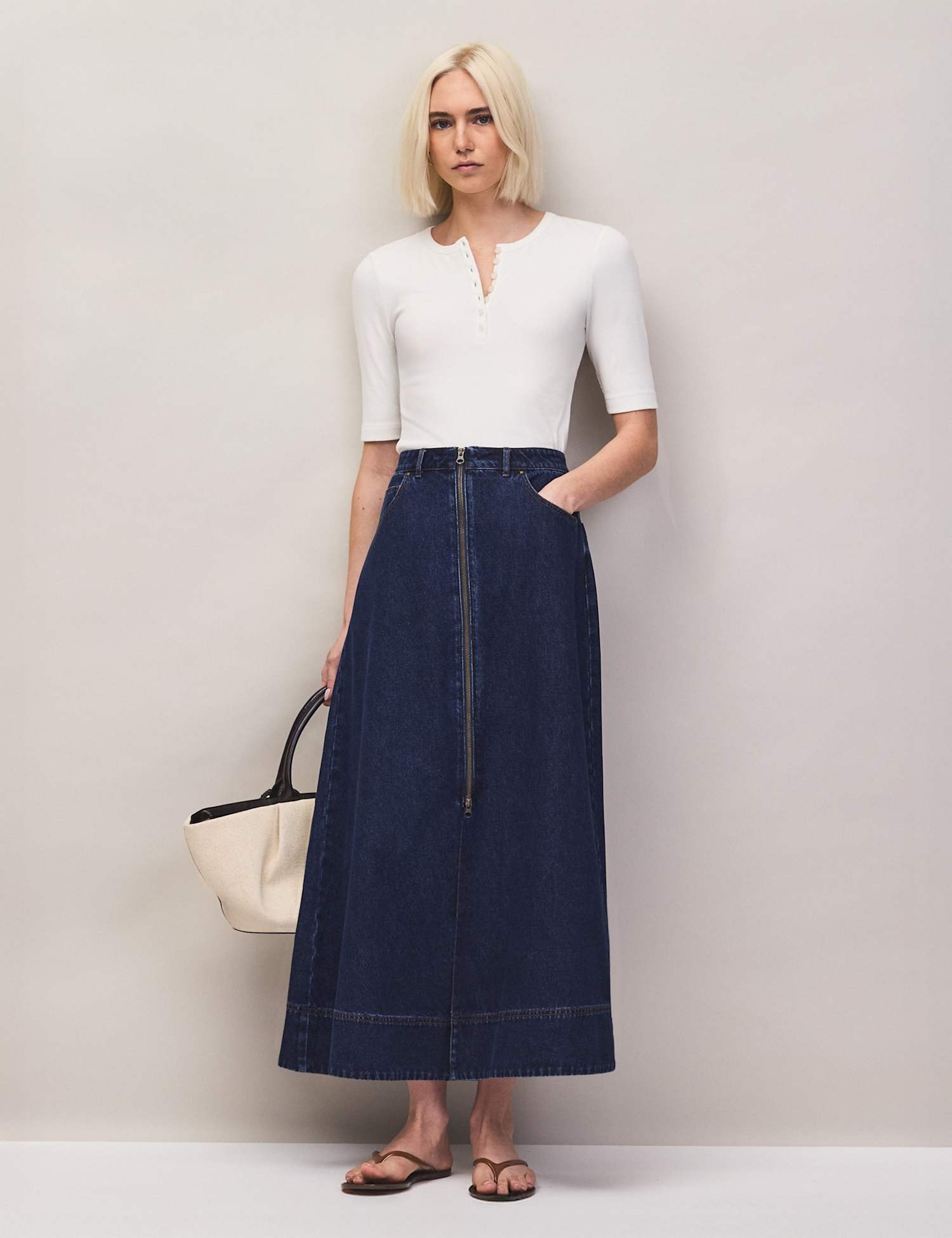 RO&ZO Denim Split Front Maxi Skirt Blue Denim