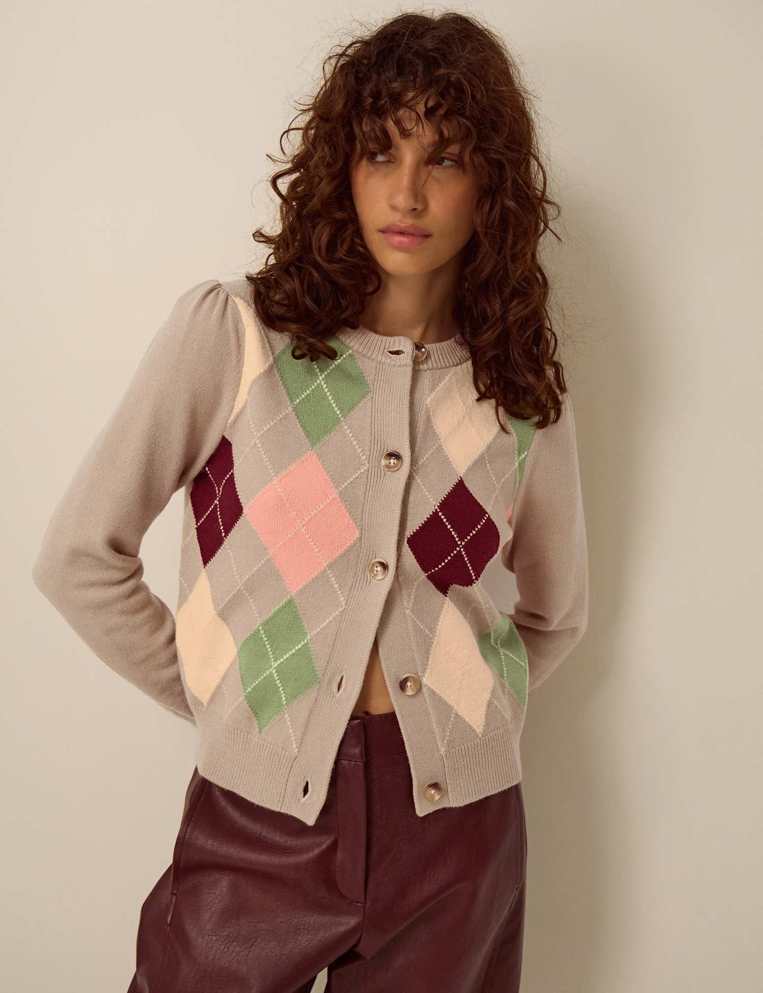 Monsoon Argyle Button Front Cardigan Beige Mix