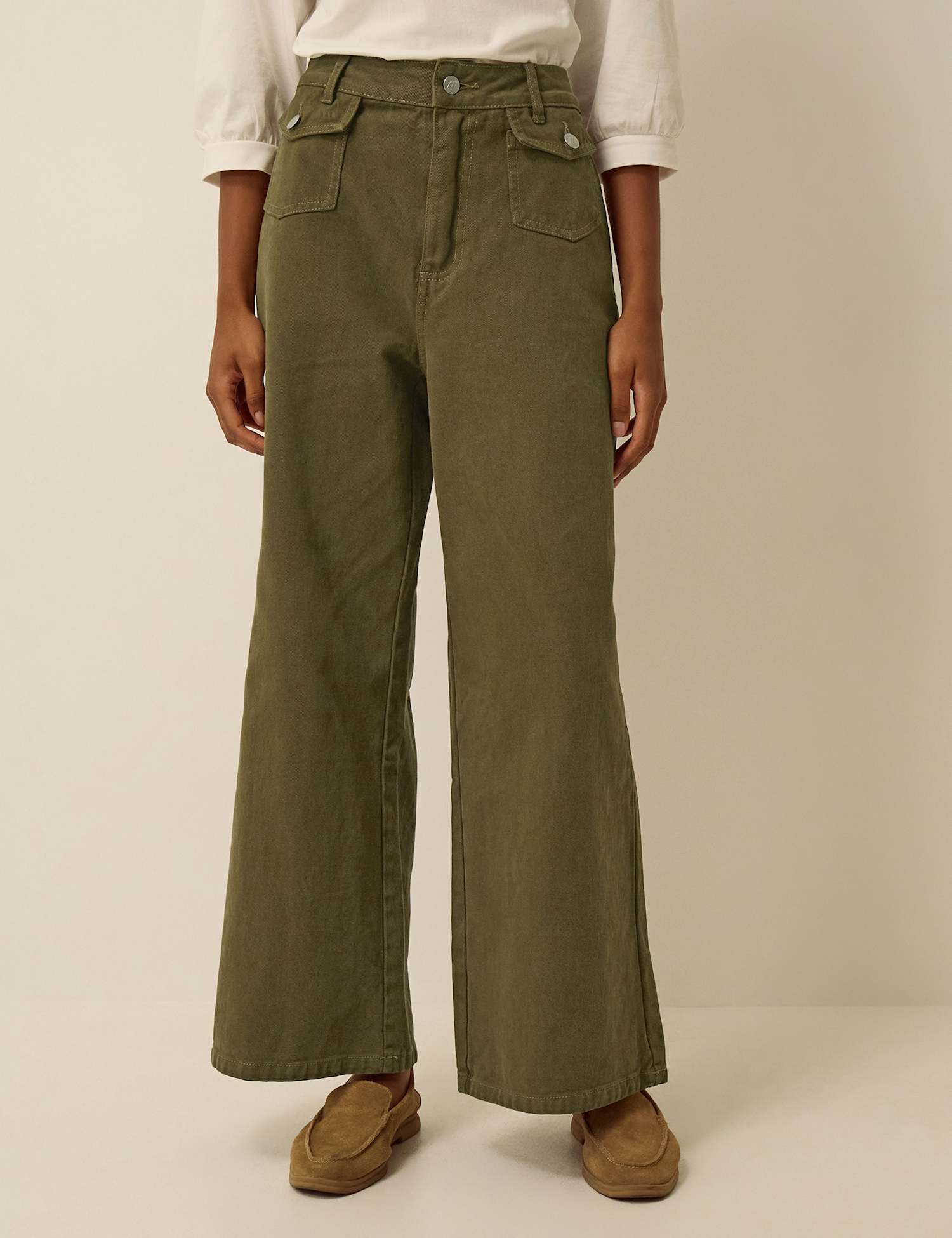 Monsoon High Waisted Wide Leg Flared Jeans Olive
