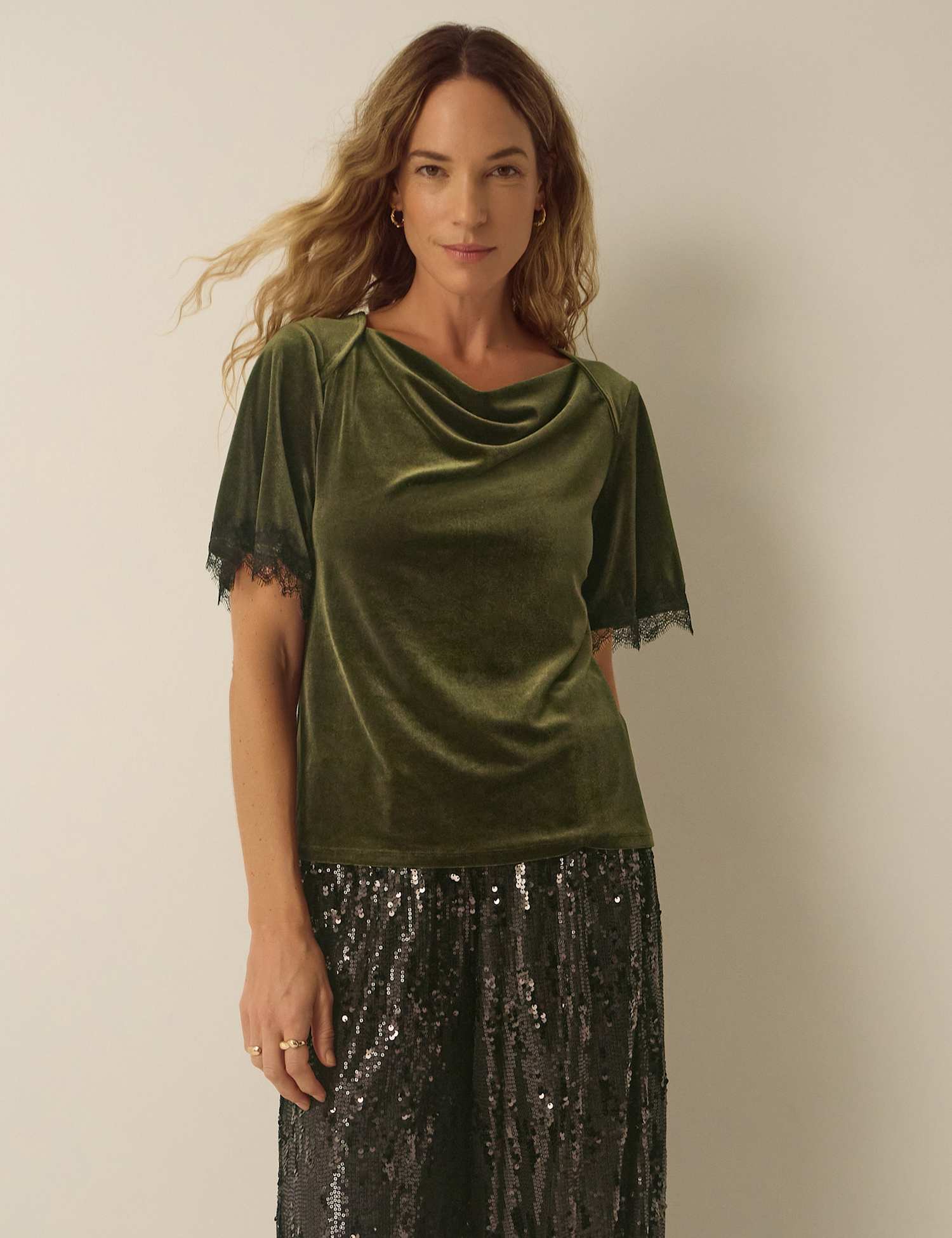 Monsoon Velvet Lace T-Shirt Khaki