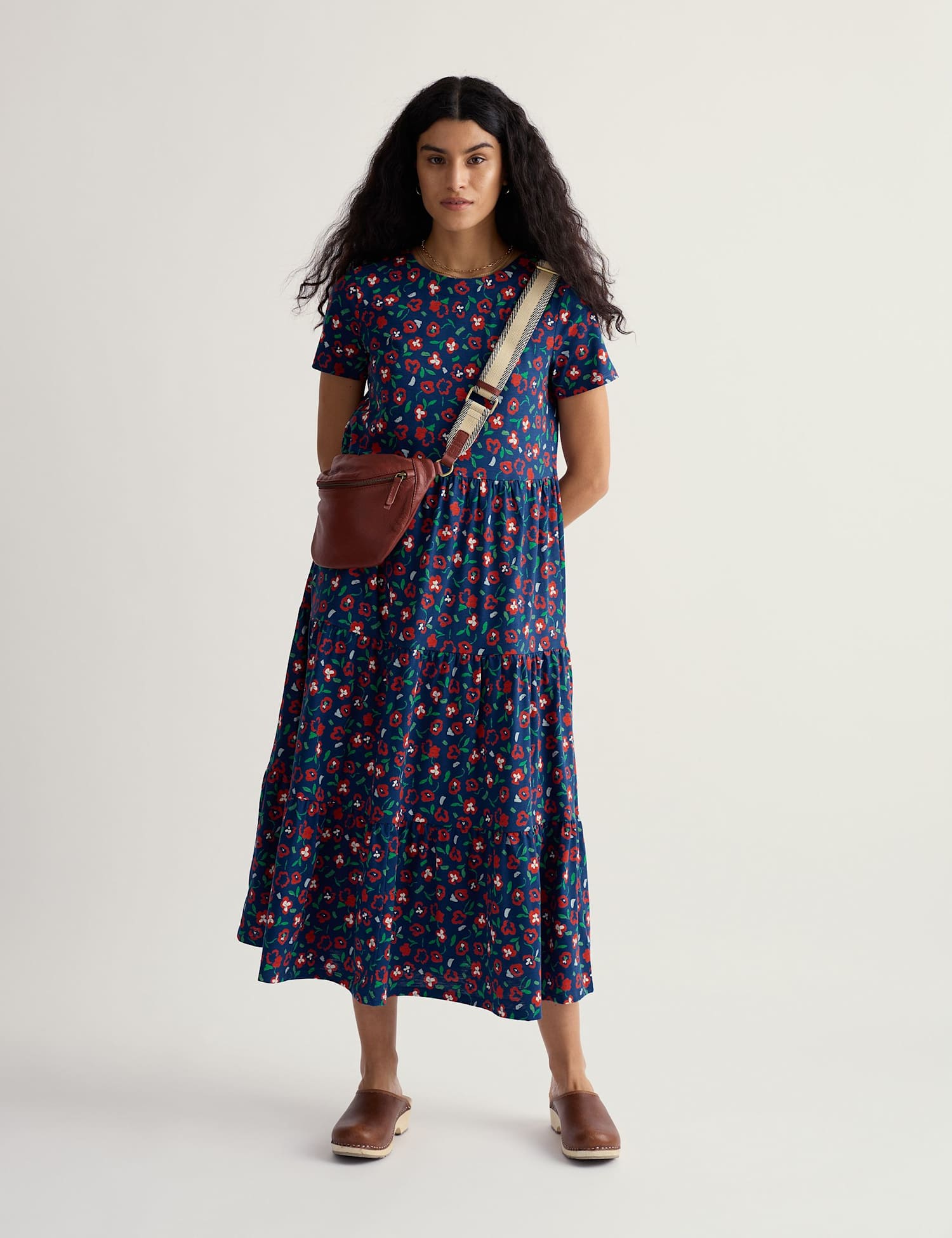 Seasalt Cornwall Pure Cotton Floral Midi Tiered Dress Red Mix