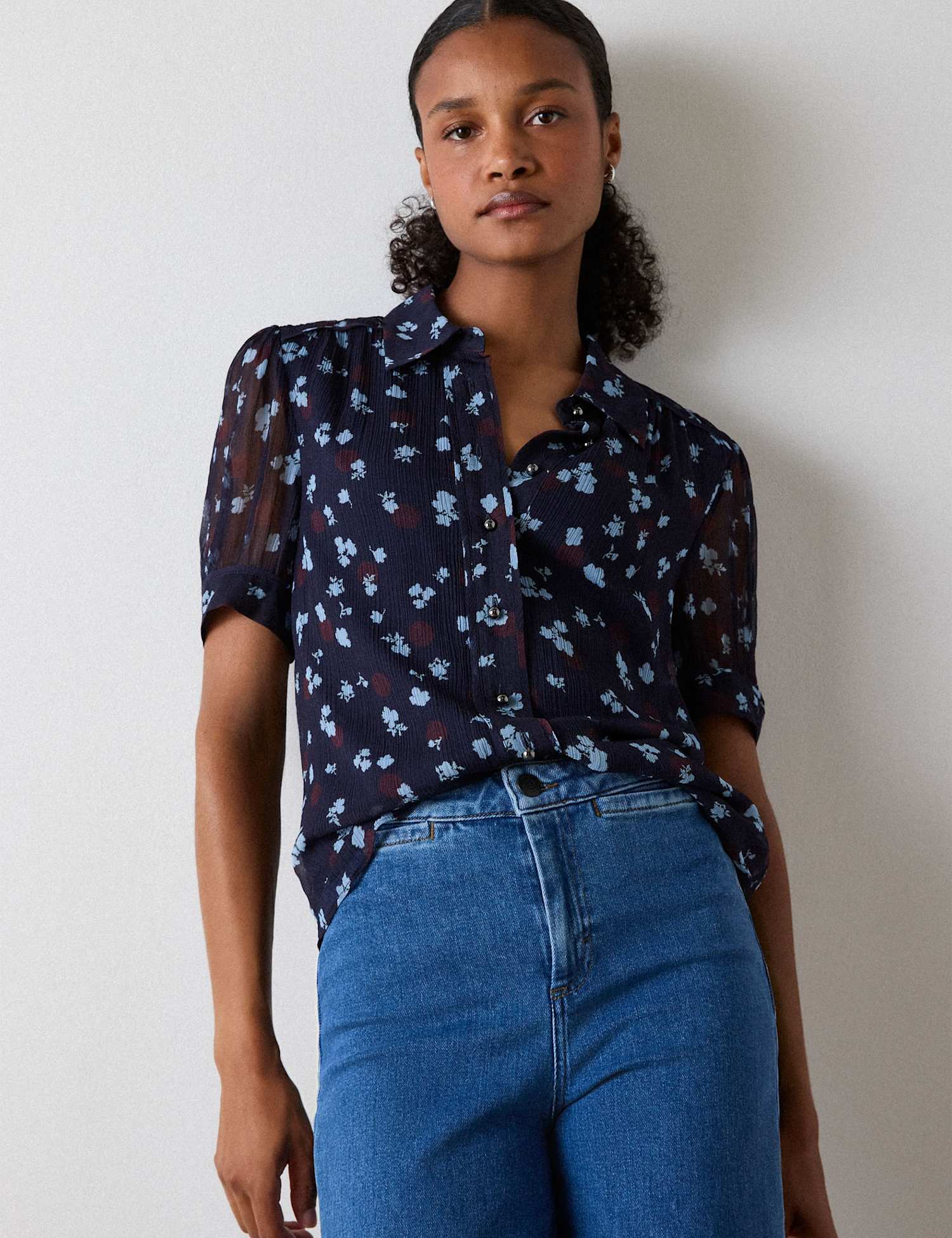 Whistles Crepe Floral Button Through Shirt Navy Mix