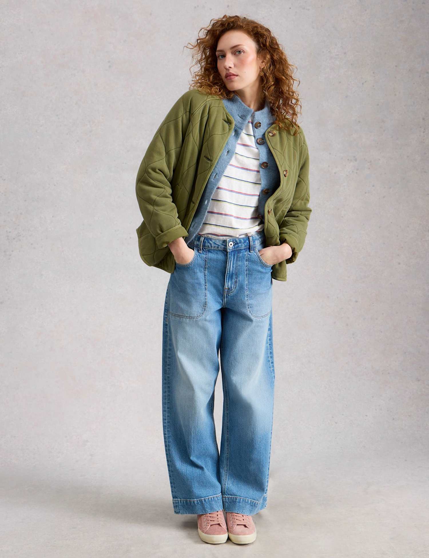 White Stuff Pure Cotton Jersey Quilted Collarless Jacket Green