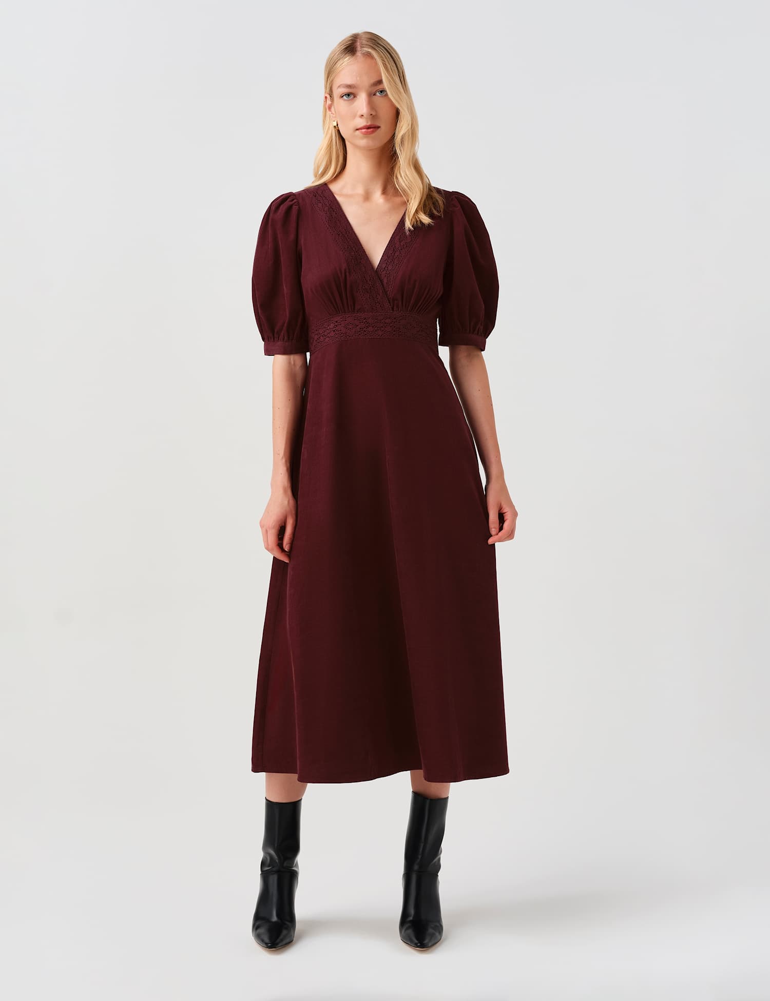 Ghost Cotton Corduroy Cross Front Midi Dress Burgundy