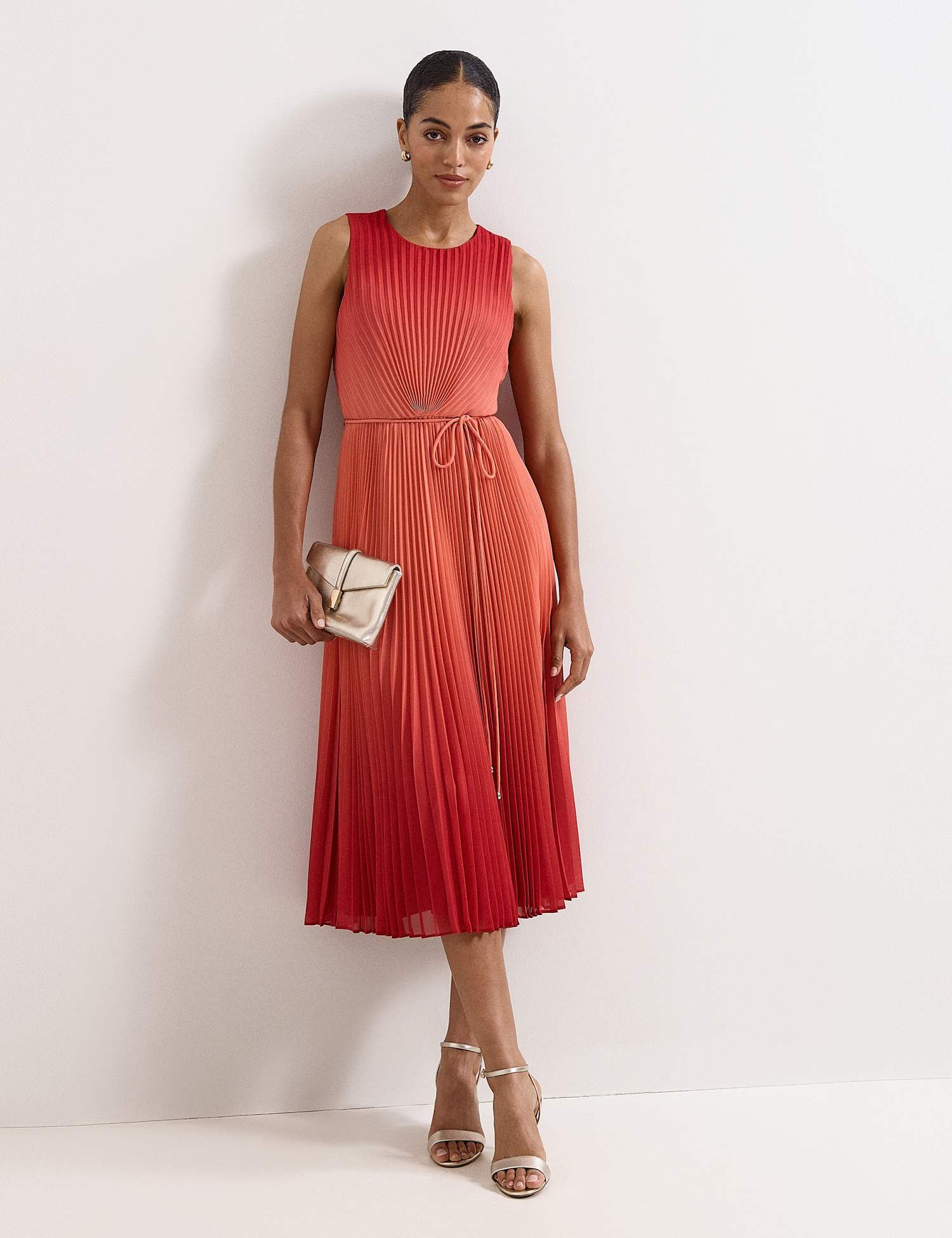 Phase Eight Ombr� Crew Neck Pleated Midi Skater Dress Red Mix