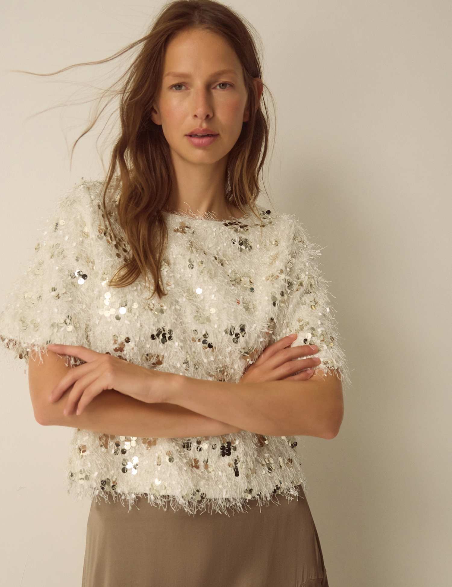 Monsoon Sequin Fringed Crew Neck T-Shirt Ivory Mix