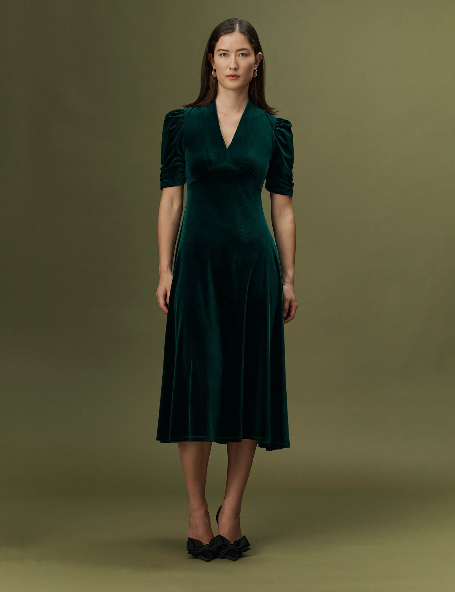 Ghost Velvet V-Neck Puff Sleeve Midi Dress Green