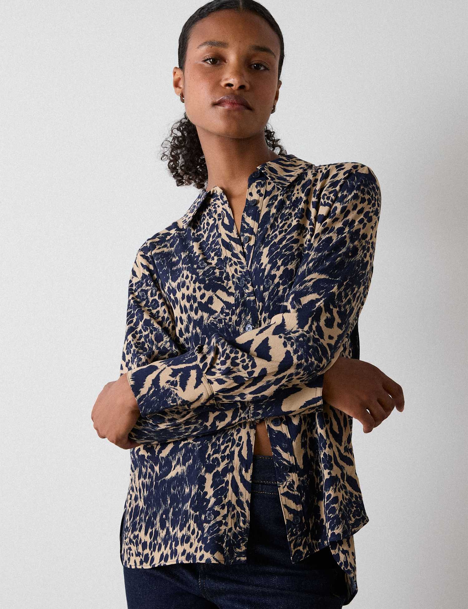 Whistles Animal Print Button Through Shirt Navy Mix