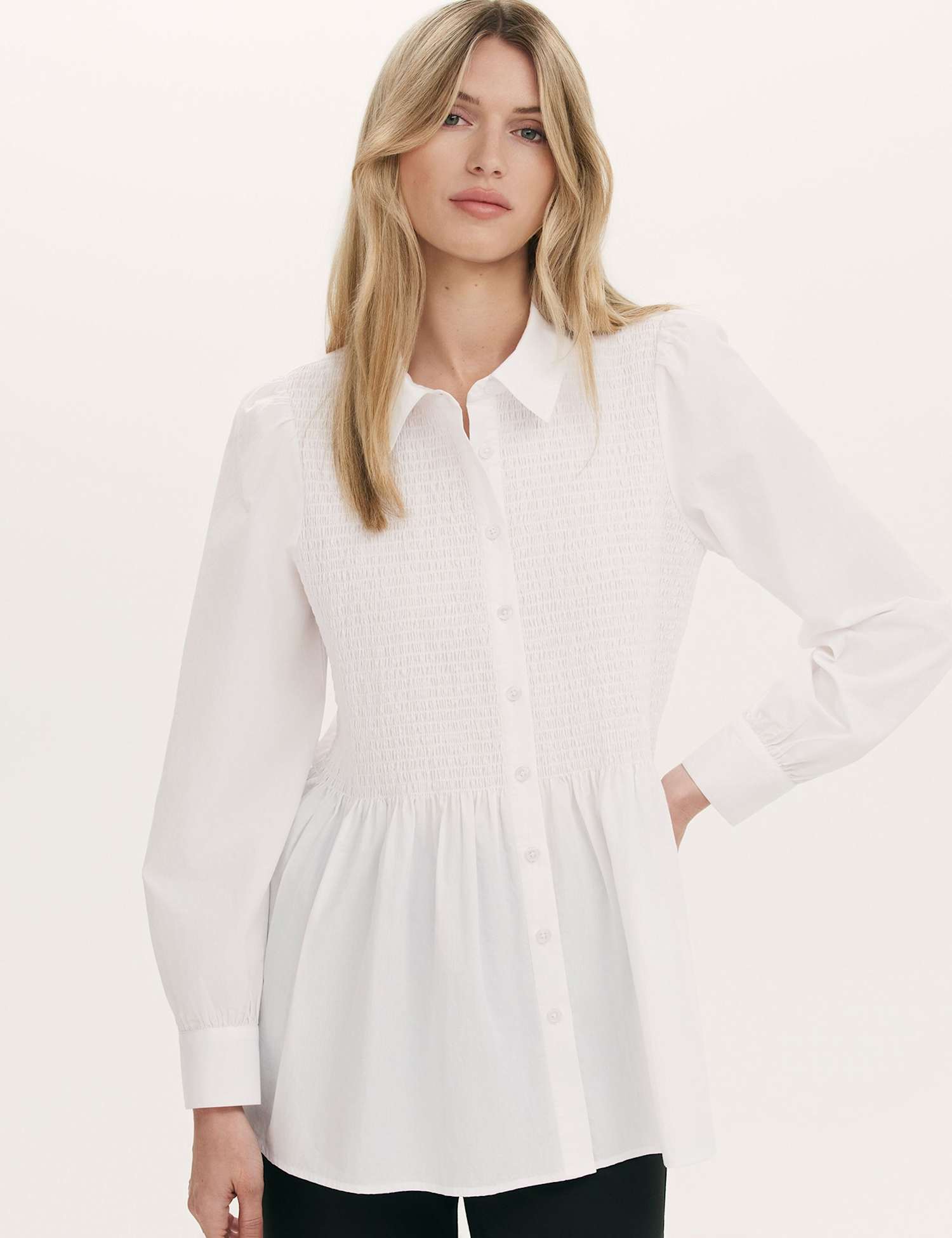 Finery London Pure Cotton Collared Shirred Detail Blouson Sleeve Shirt White