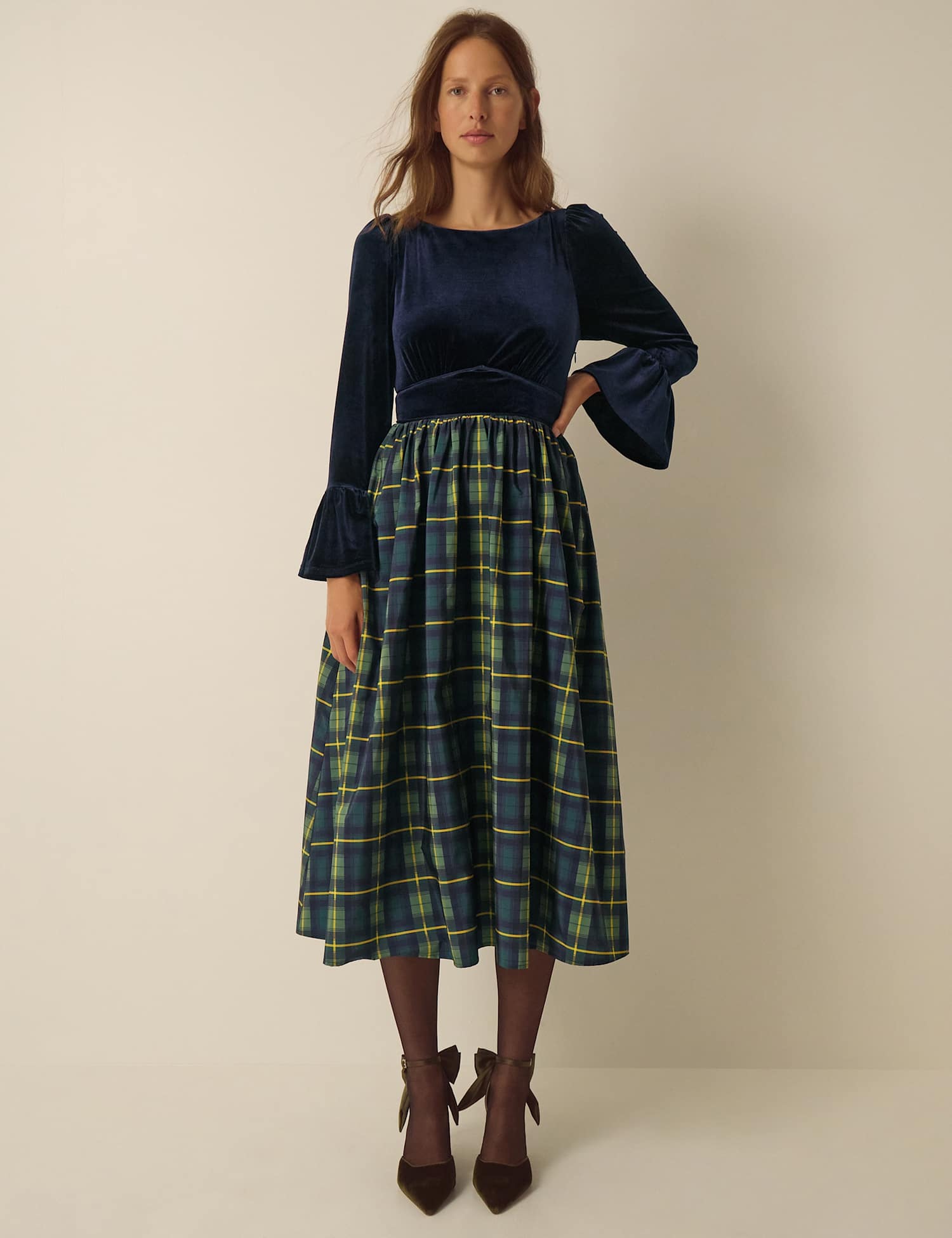 Monsoon Velvet Checked Slash Neck Midi Dress Navy Mix