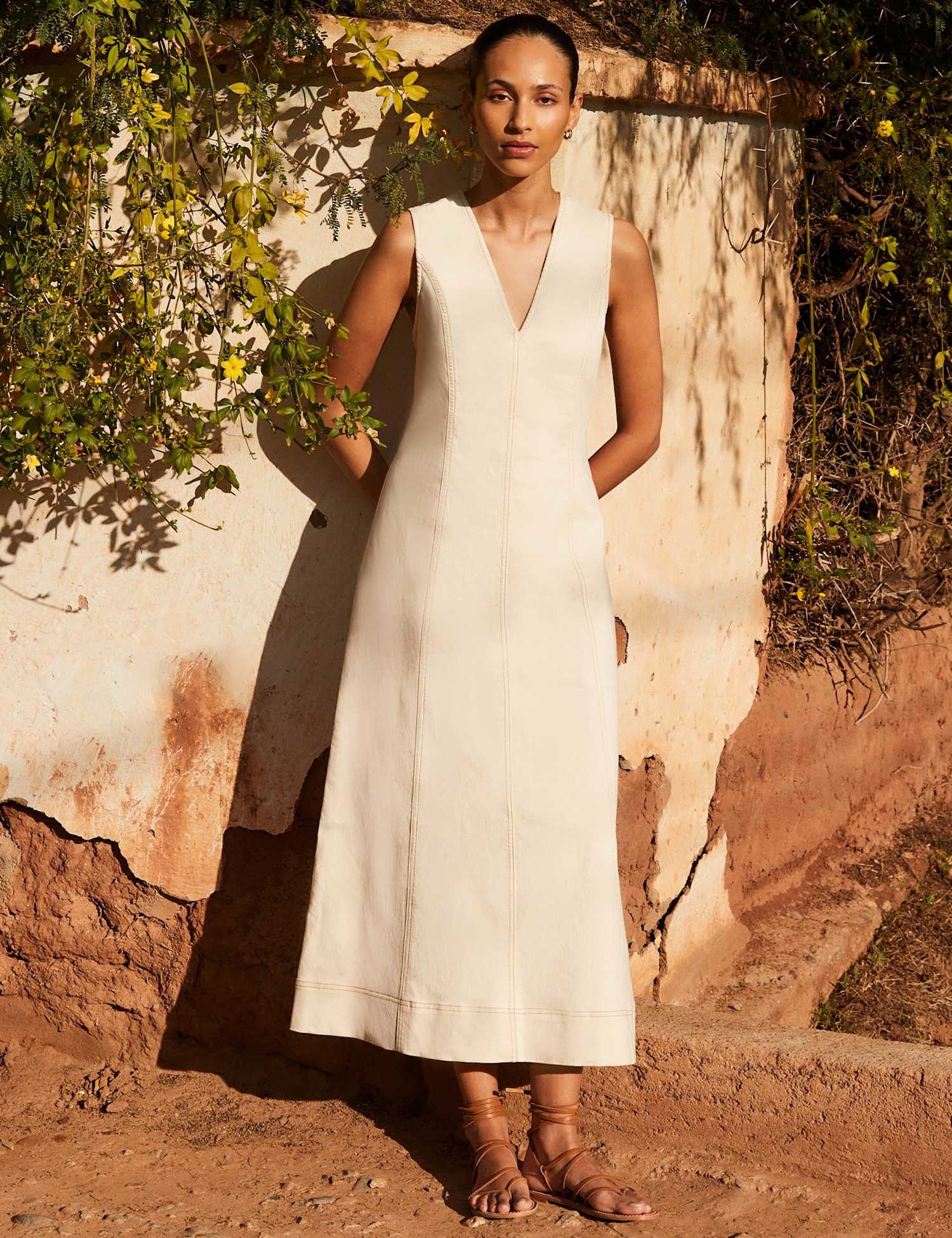 RO&ZO Denim V-Neck Maxi Skater Dress Natural