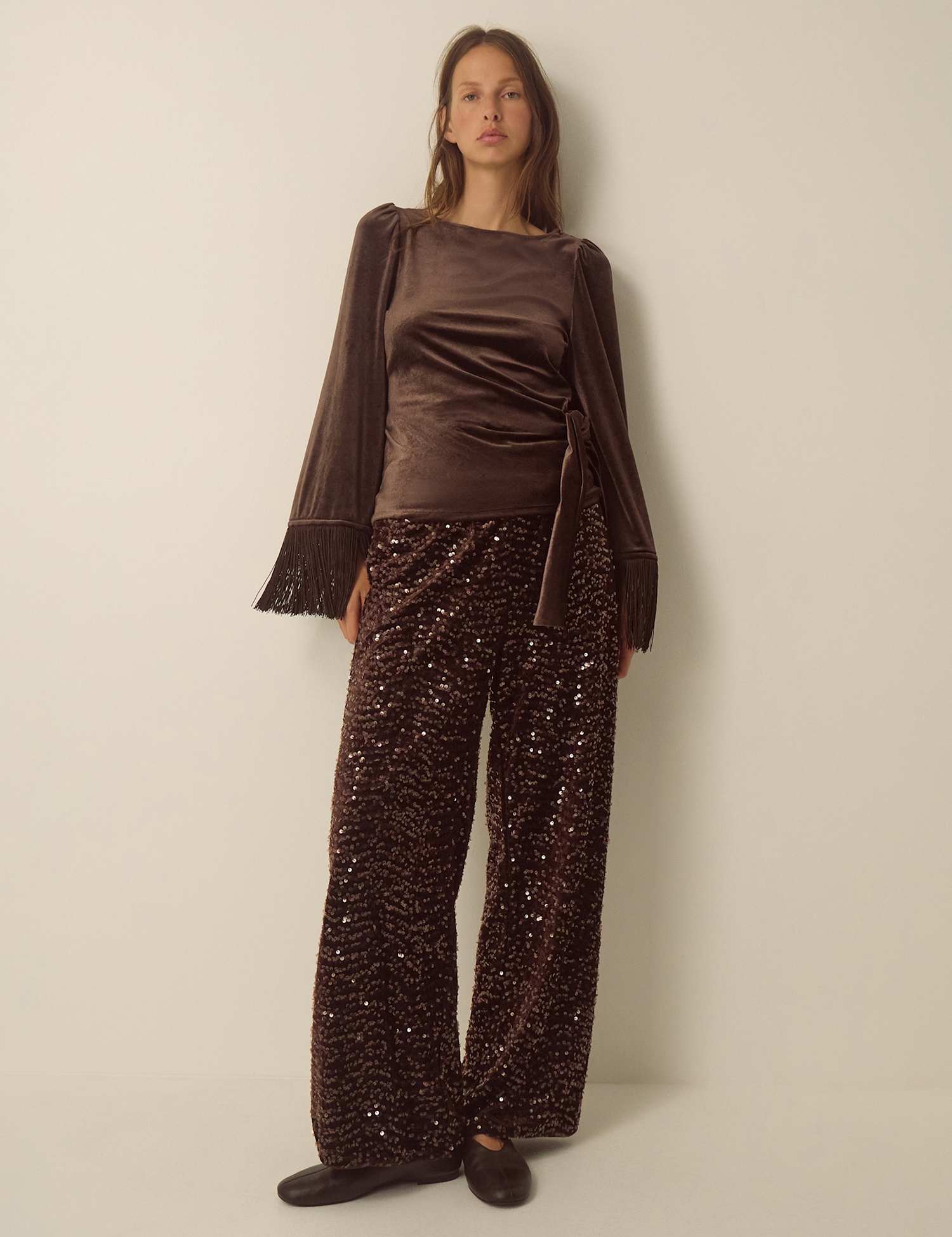Monsoon Velvet Sequin Wide Leg Trousers Chocolate