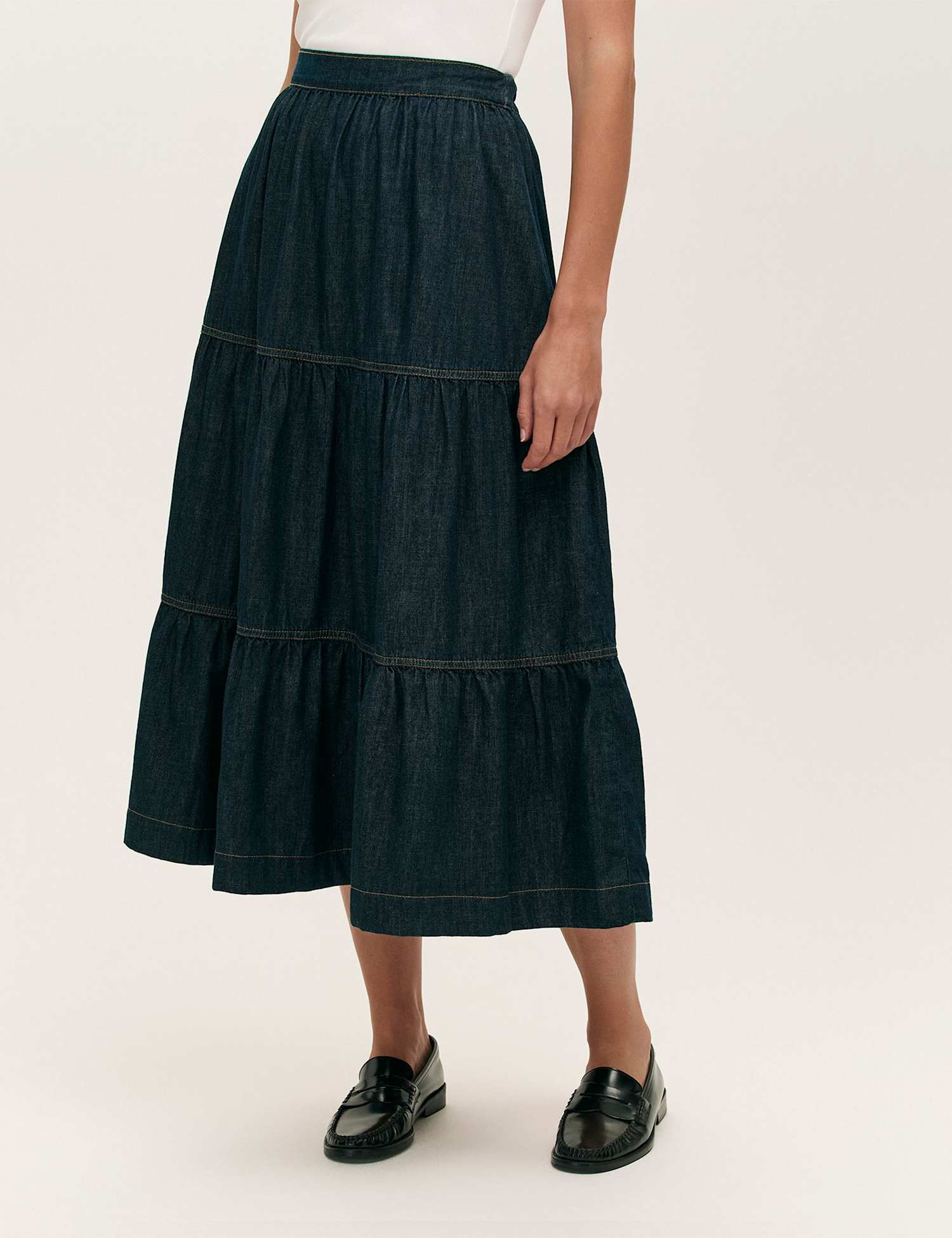 Finery London Denim Midi Tiered Skirt Indigo