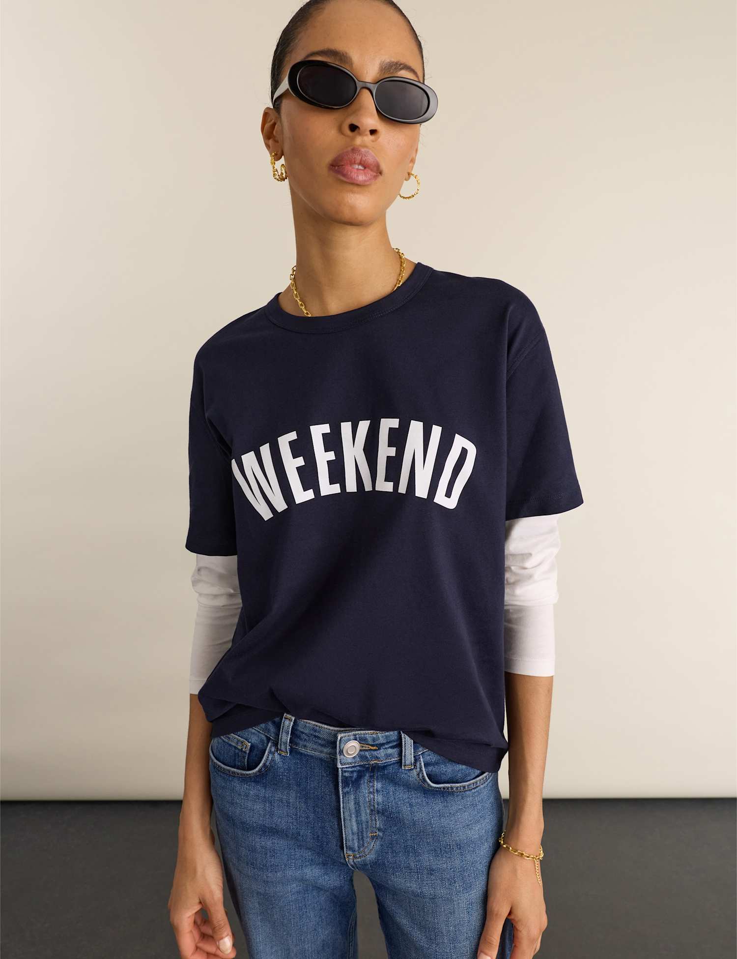 BAUKJEN Jersey Layered Look Slogan T-Shirt Navy