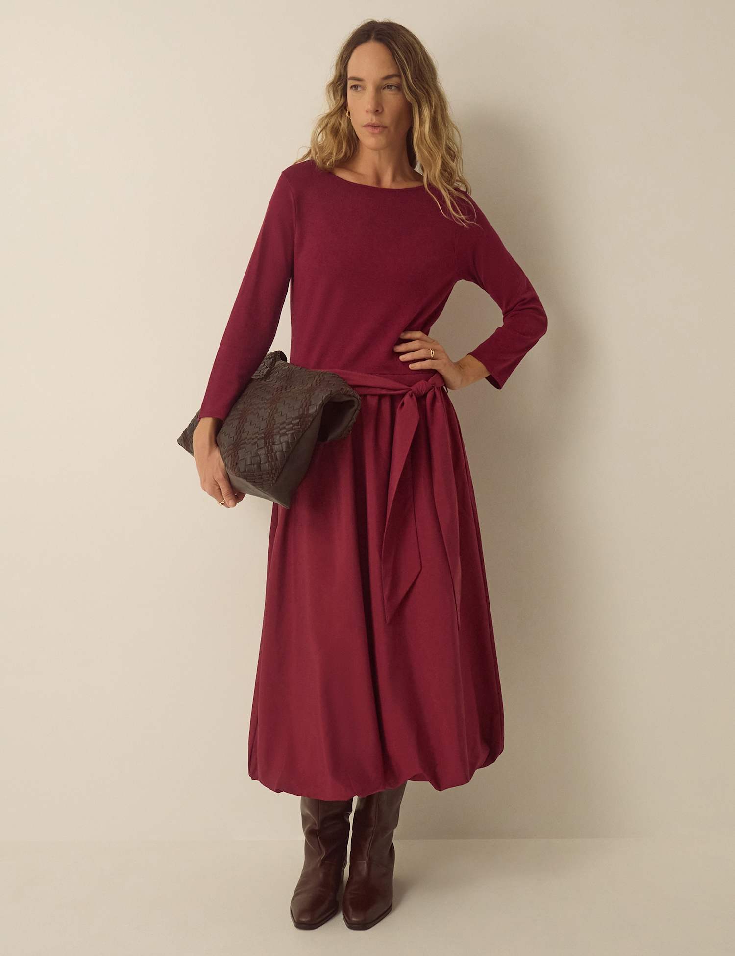 Monsoon Bubble Hem Slash Neck Midi Dress Burgundy