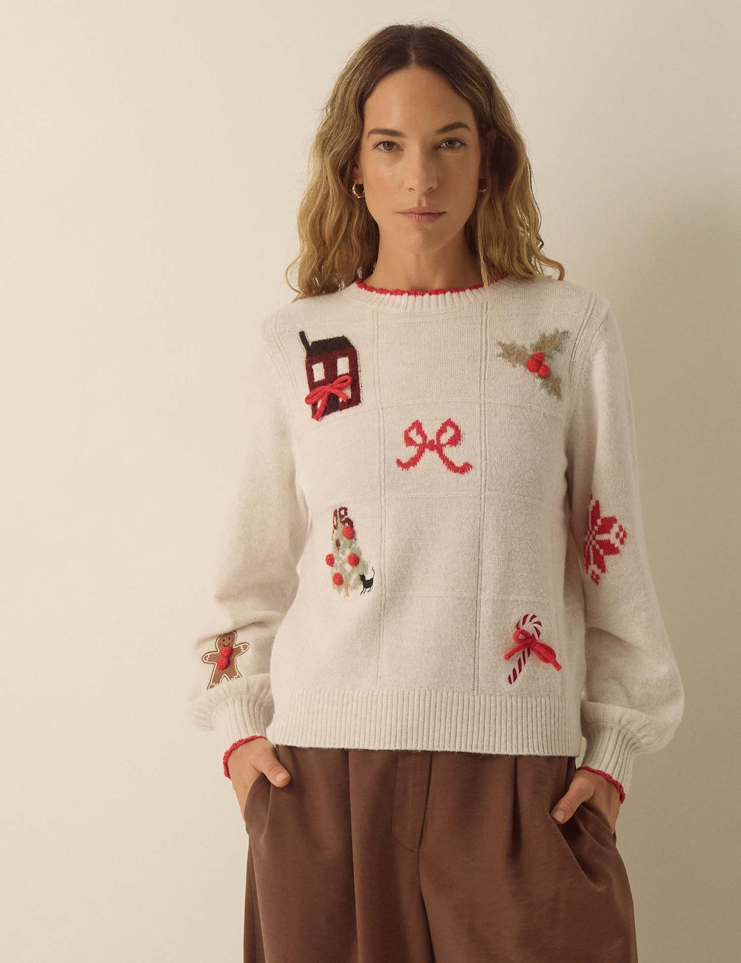 Monsoon Printed Christmas Crew Neck Jumper Ivory Mix