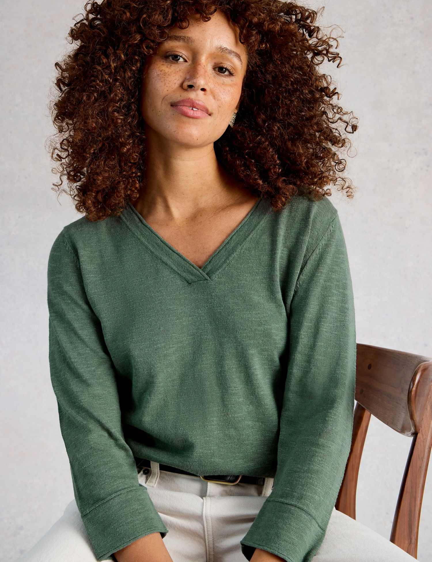 White Stuff Linen Blend V-Neck Jumper Green