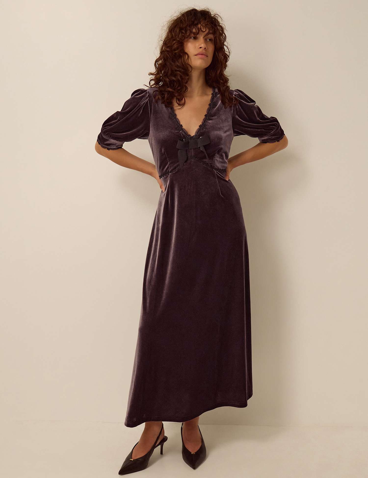 Monsoon Velvet V Neck Zip Up Maxi Dress Chocolate