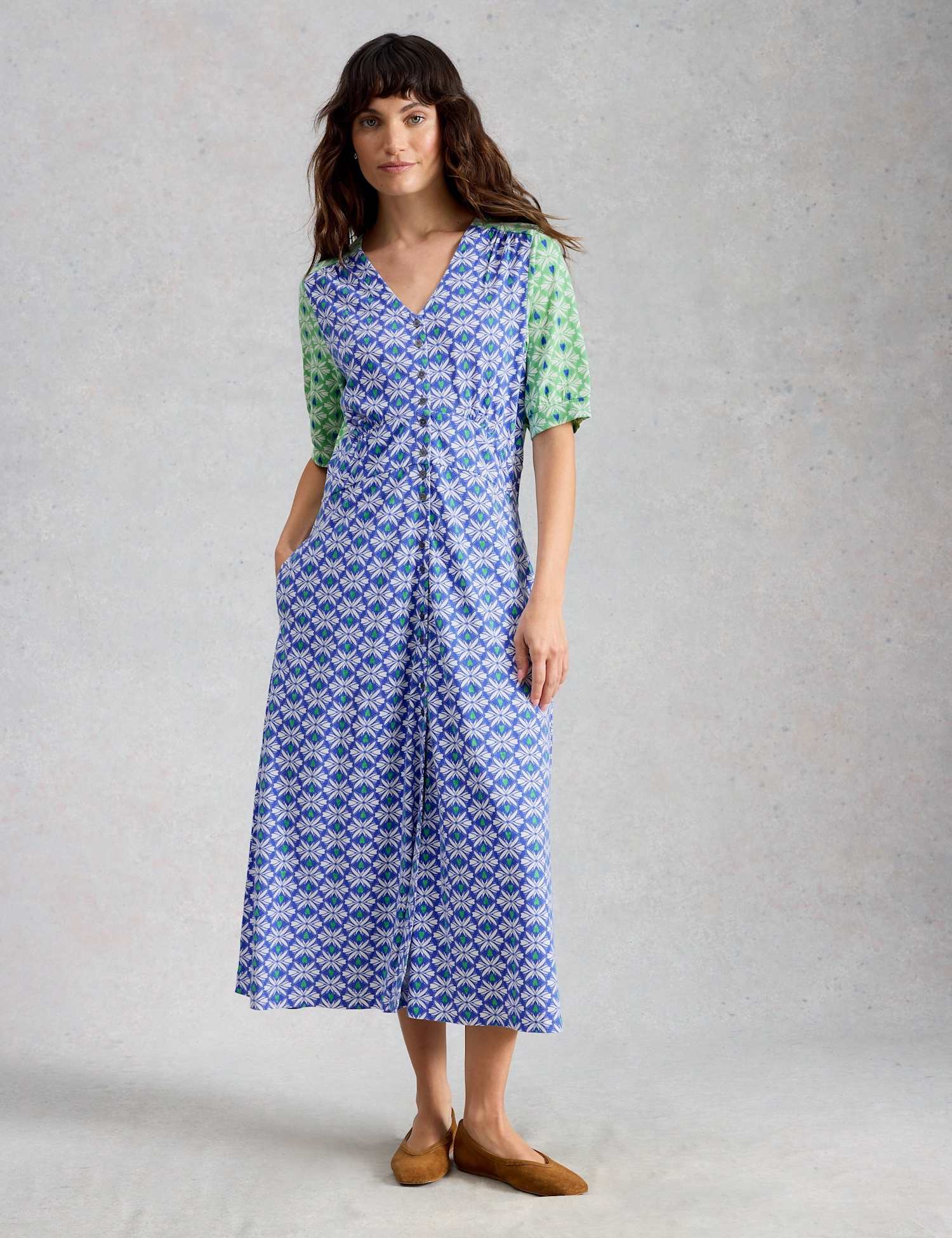 White Stuff Jersey Geometric Midaxi Waisted Dress Blue Mix