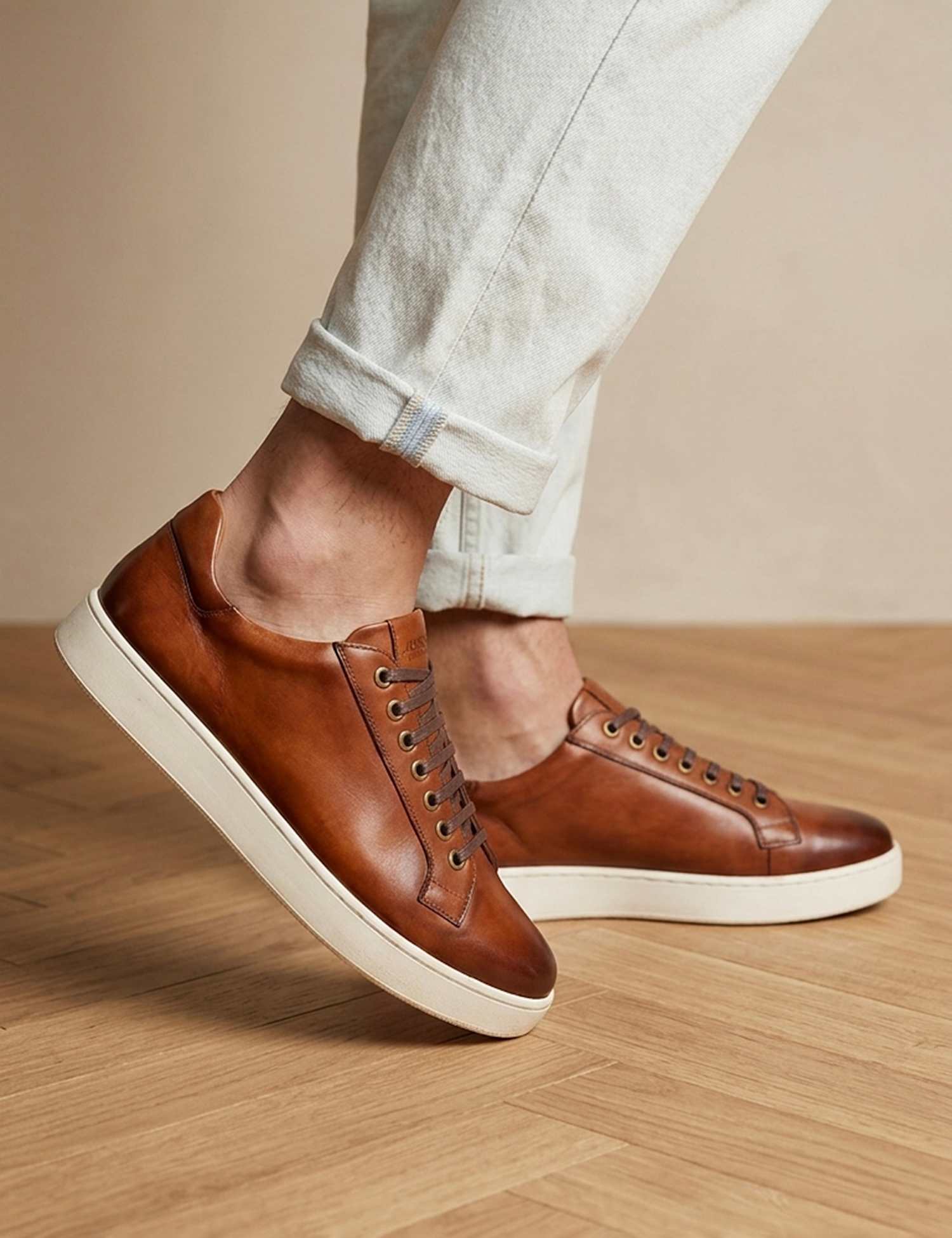 Jones Bootmaker Wide Fit Leather Lace Up Trainers Tan