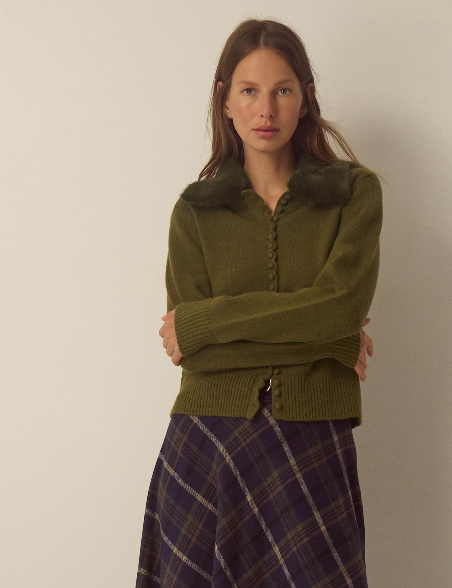 Monsoon Faux Fur Collar Cardigan Khaki