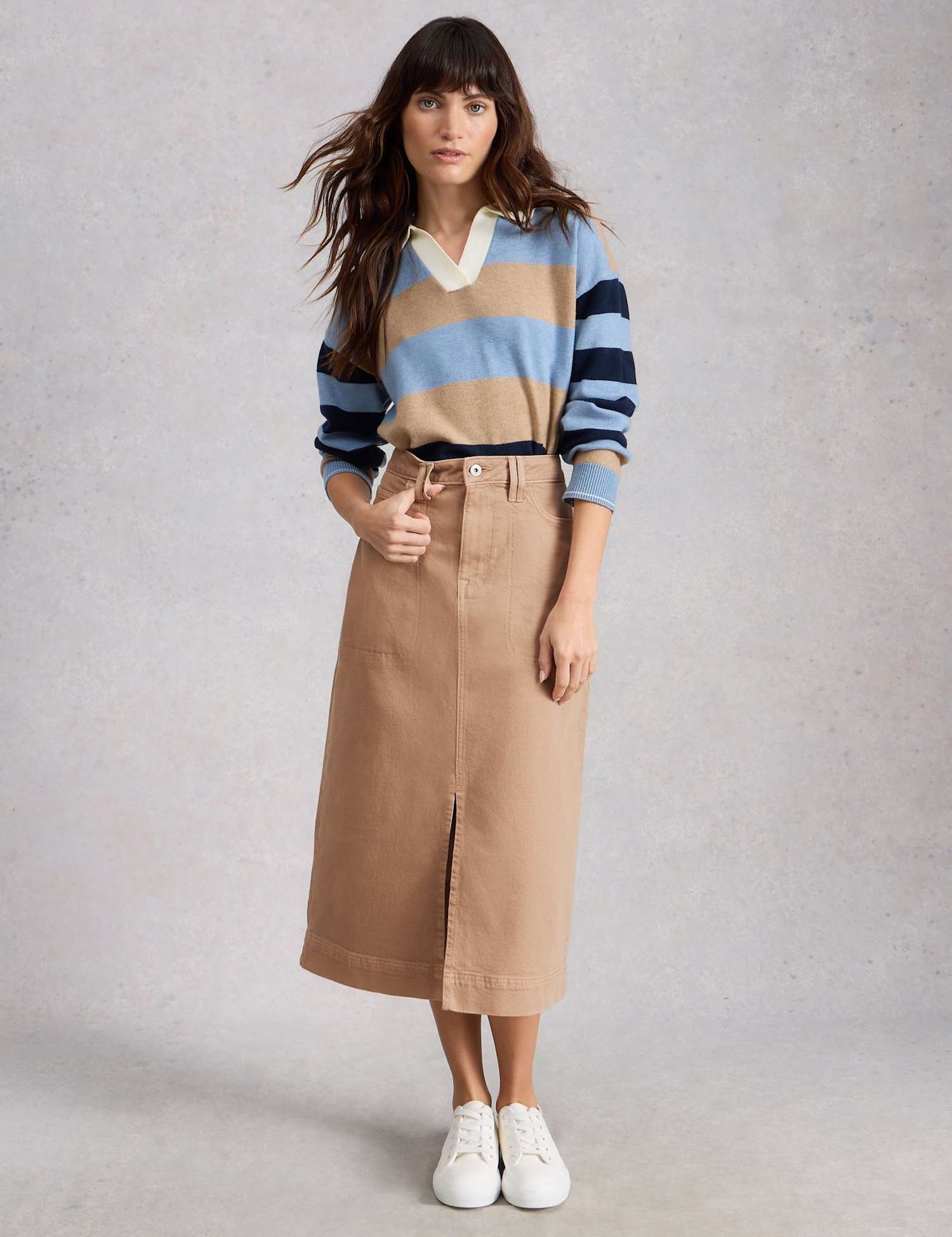White Stuff Cotton Rich Denim Split Front Midi Skirt Natural