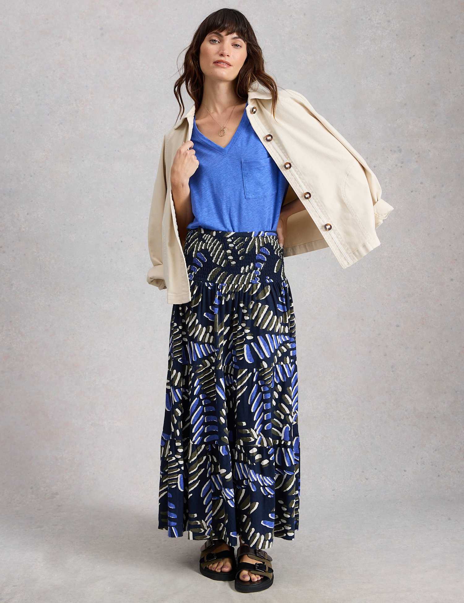 White Stuff Jersey Printed Maxi A-Line Skirt Navy Mix