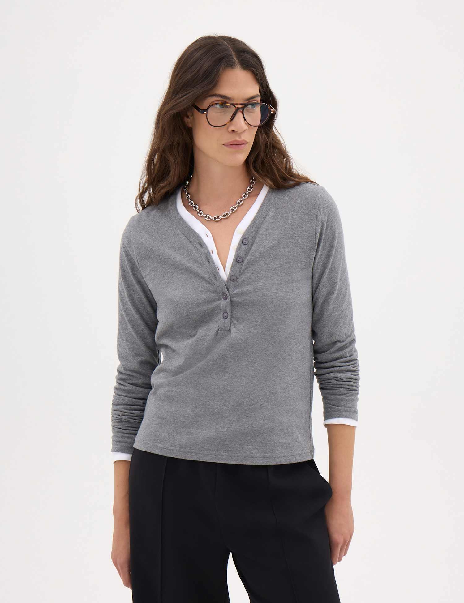 HUSH Pure Cotton V Neck Regular Fit Henley T-Shirt Grey Marl