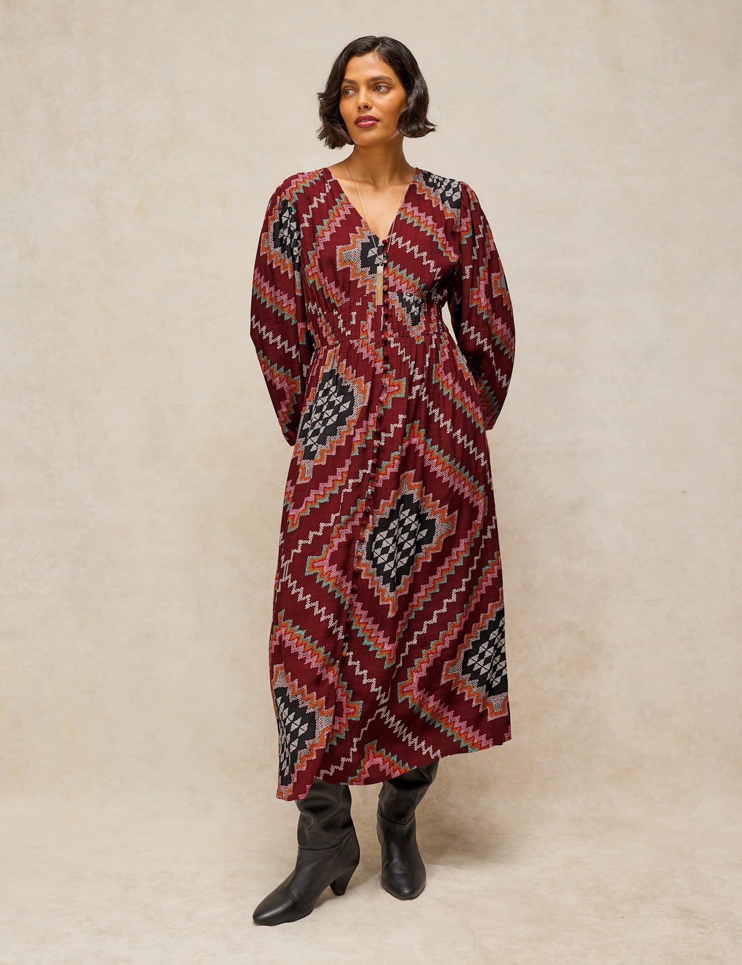 White Stuff Leela V Neck Button Front Midi Tea Dress Plum
