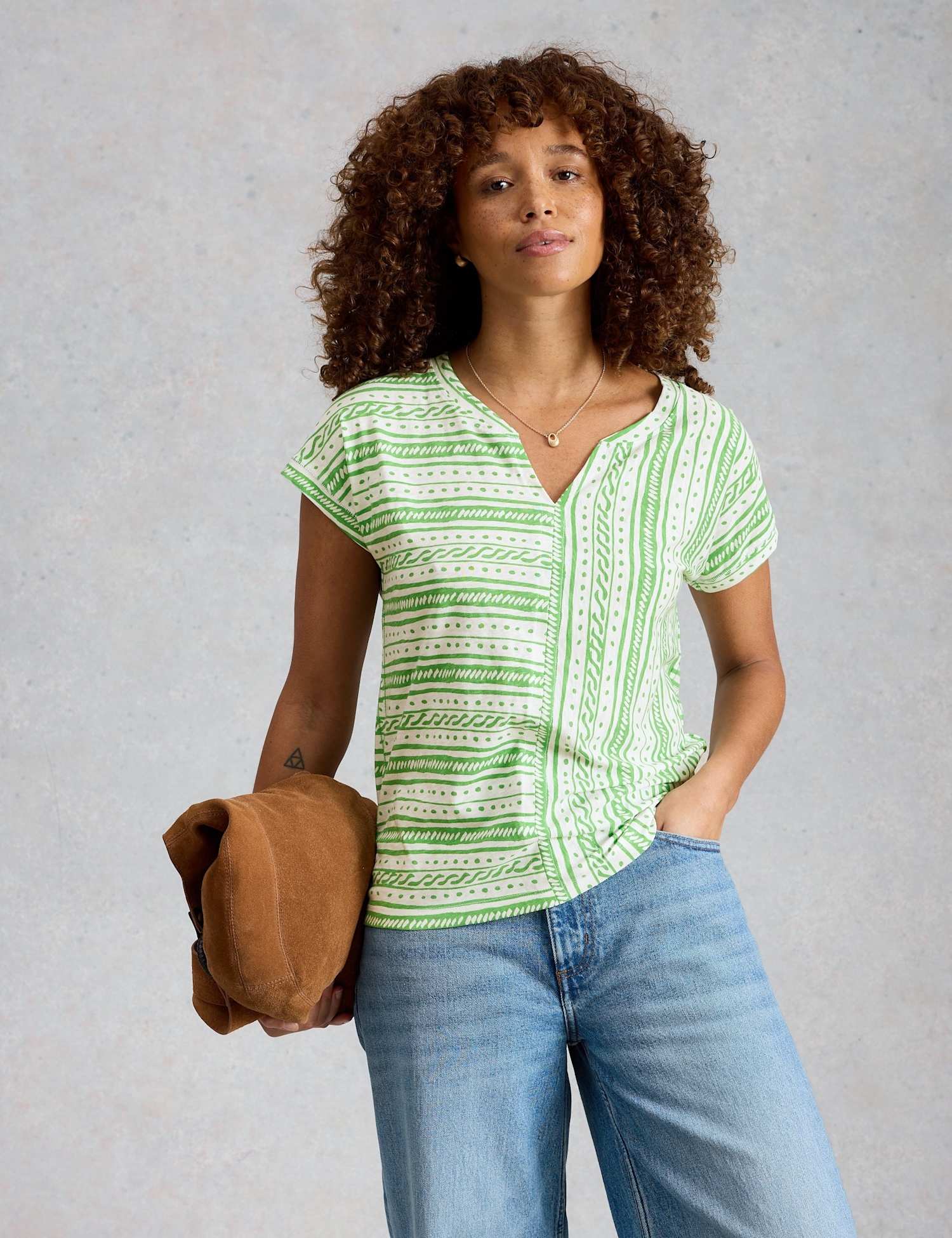White Stuff Pure Cotton Striped Notch Neck T-Shirt Green Mix
