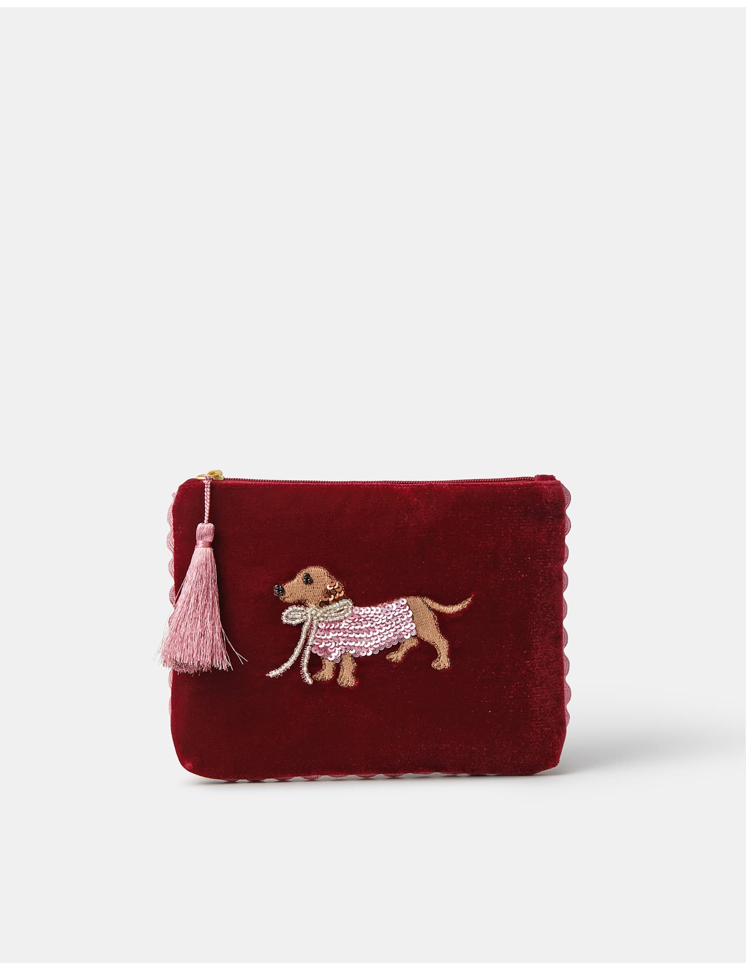 ACCESSORIZE Sausage Dog Embellished Velvet Pouch Burgundy