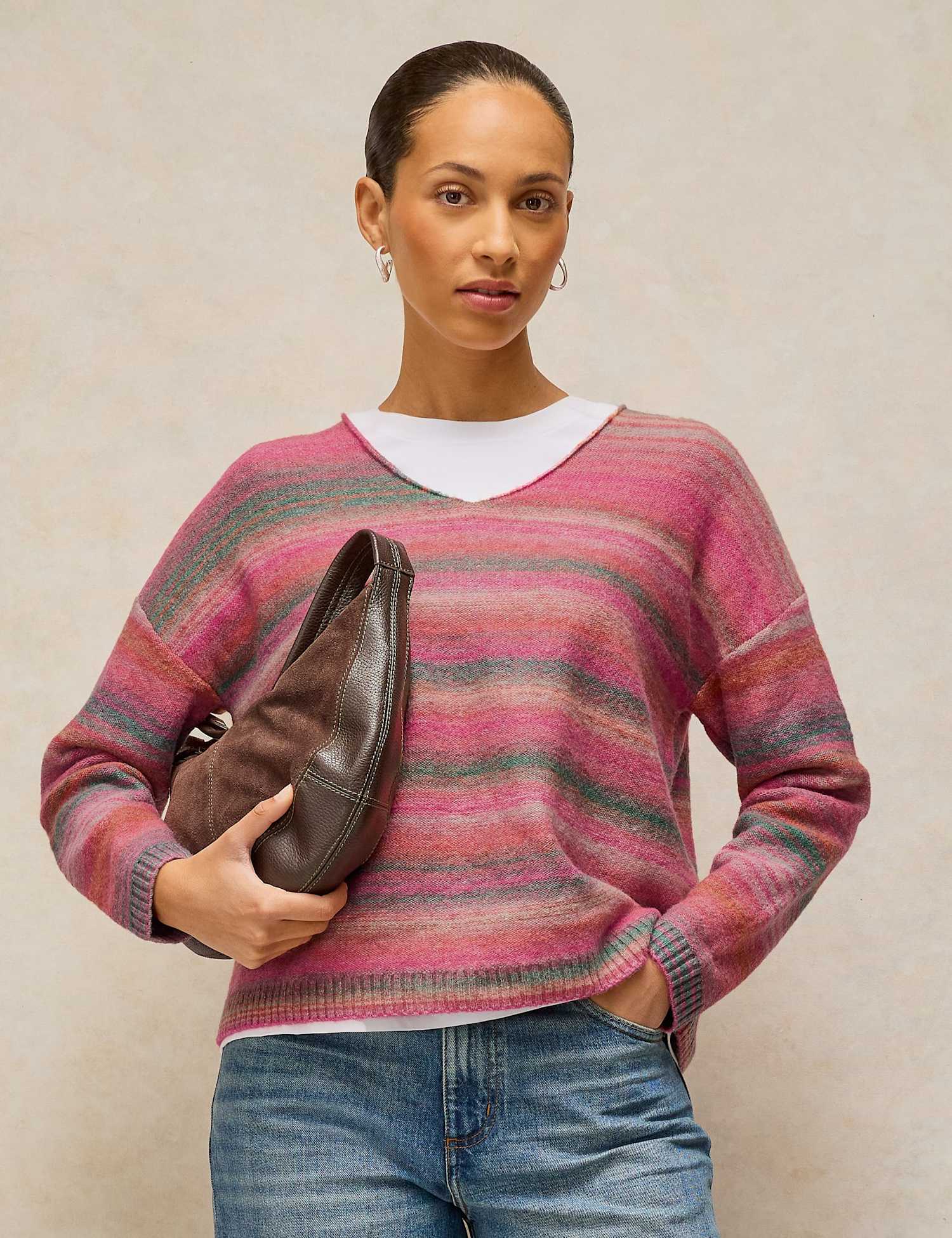 White Stuff Wool Blend Space Dyed V Neck Jumper Pink Mix