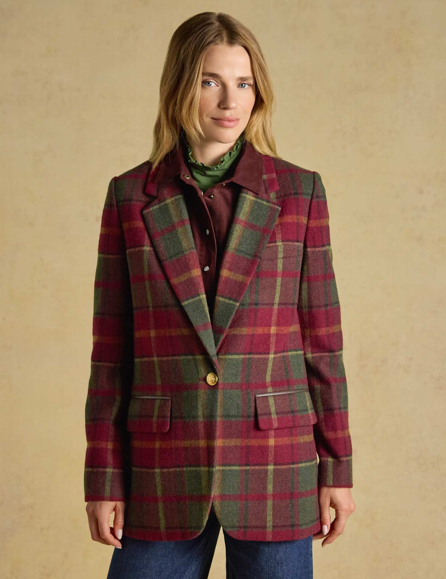Joules Wool Blend Checked Relaxed Blazer Burgundy Mix