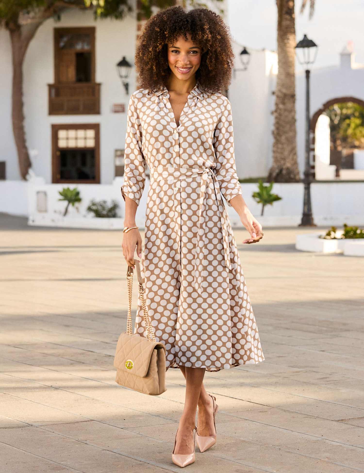 SOSANDAR Polka Dot Midi Shirt Dress Brown Mix