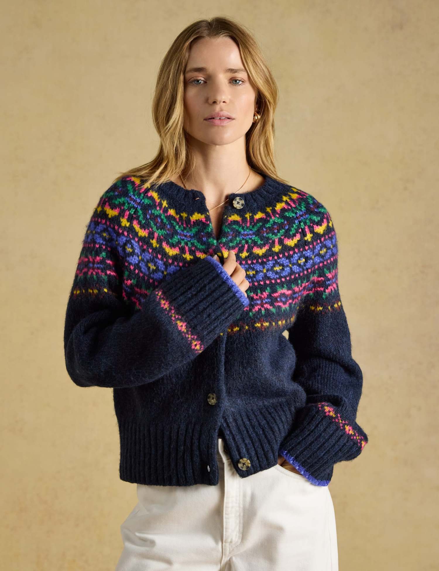 Joules Fair Isle Button Front Cardigan with Wool Navy Mix