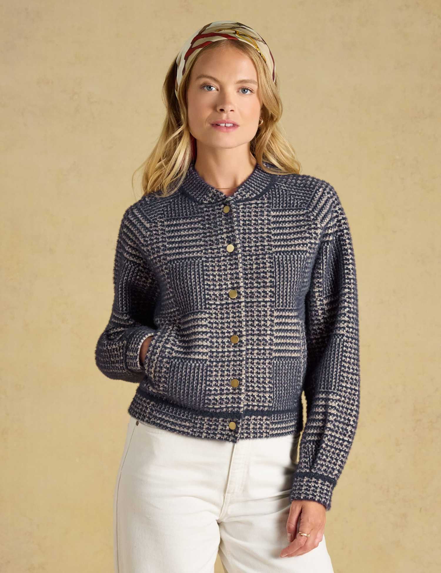 Joules Colour Block Button Front Cardigan Navy Mix
