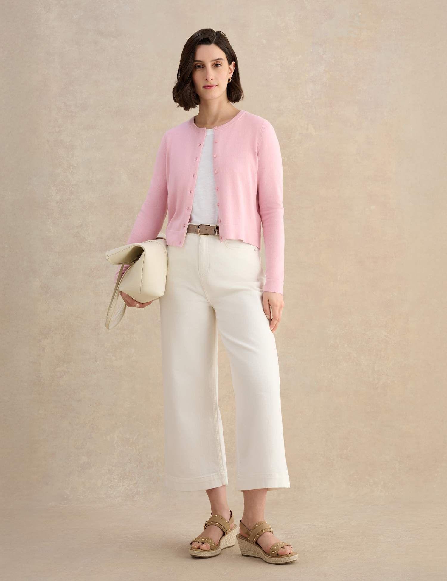 HOBBS Cotton Rich Crew Neck Button Front Cardigan Pink