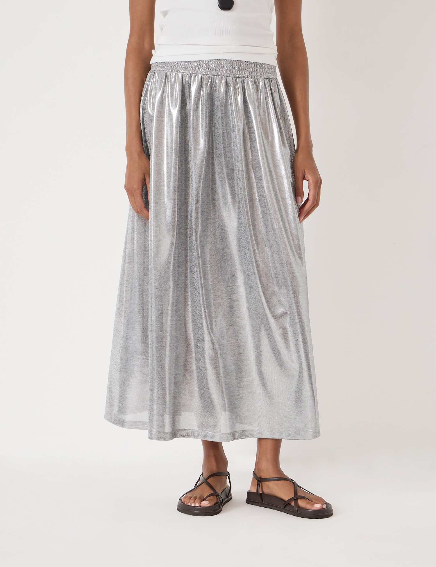 HUSH Jersey Metallic Midi A-Line Skirt Silver
