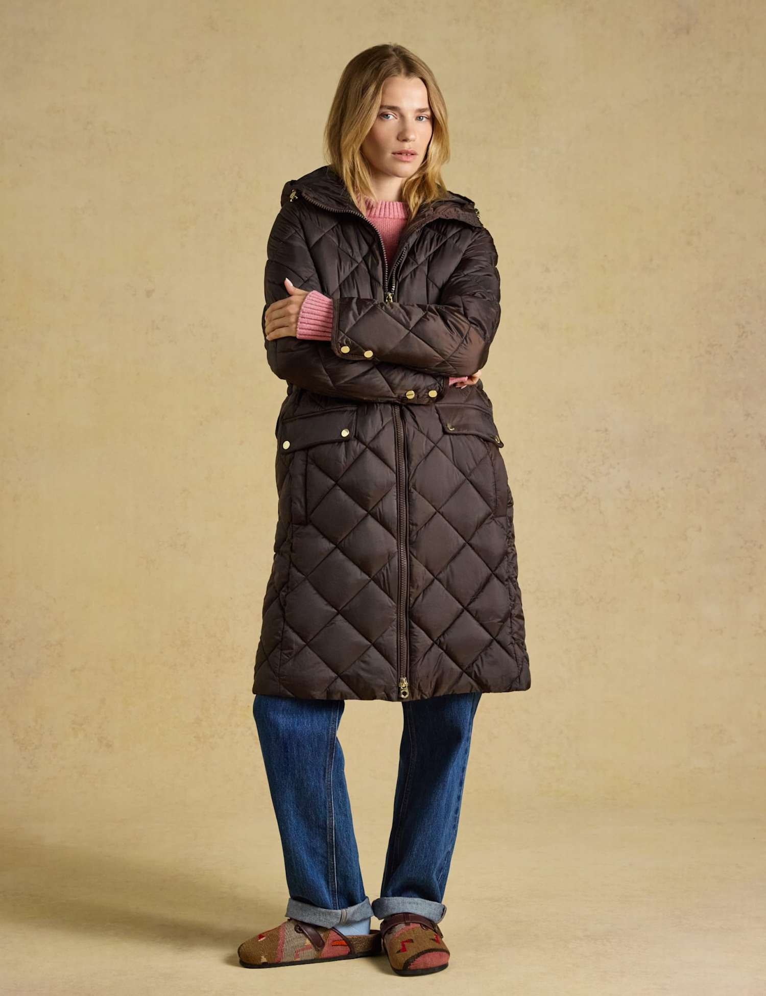 Joules Showerproof Quilted Hooded Longline Coat Chocolate