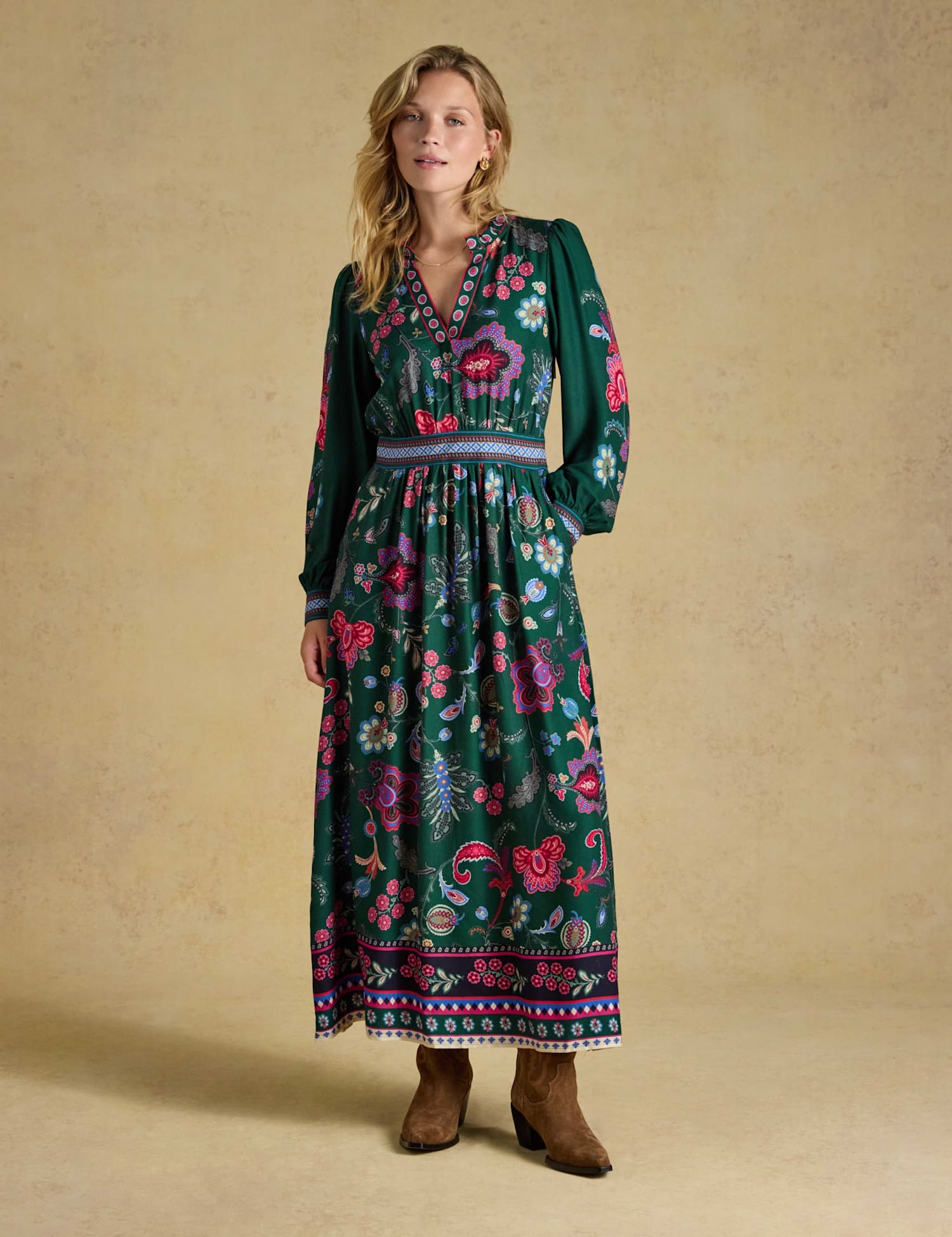 Joules Floral V Neck Ruffle Maxi Tea Dress Green Mix