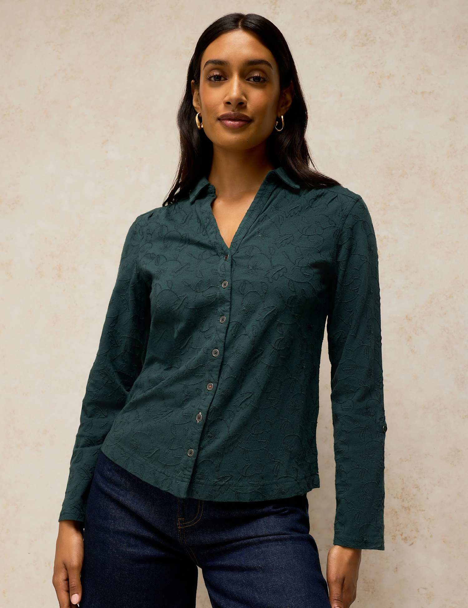 White Stuff Annie Pure Cotton Printed Collared Shirt Dark Green